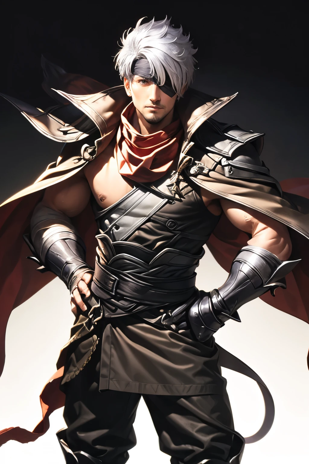 (masterpiece:1.2, best quality:1.2, extremely delicate:1.2), ((male:1.5)), a middle-aged man with slicked-back brown long hair, golden parted bangs, raised thick eyebrows, sharp eyes, rugged features, a full beard, a confident smile, tall and sturdy build, a fantasy martial arts style white open-chest silk coat with a long hem, a yellow shawl, long gloves, a leather belt, canvas trousers, standing in a sunny desert oasis, this character embodies a finely crafted fantasy martial arts style desert ruler in anime style, exquisite and mature manga art style, dramatic, high definition, highres, ultra-detailed, ultra-fine painting, professional, perfect body proportions, golden ratio, anatomically correct, symmetrical face, extremely detailed eyes and face, high quality eyes, creativity, RAW photo, UHD, 32k, Natural light, cinematic lighting, (masterpiece-anatomy-perfect:1.2)