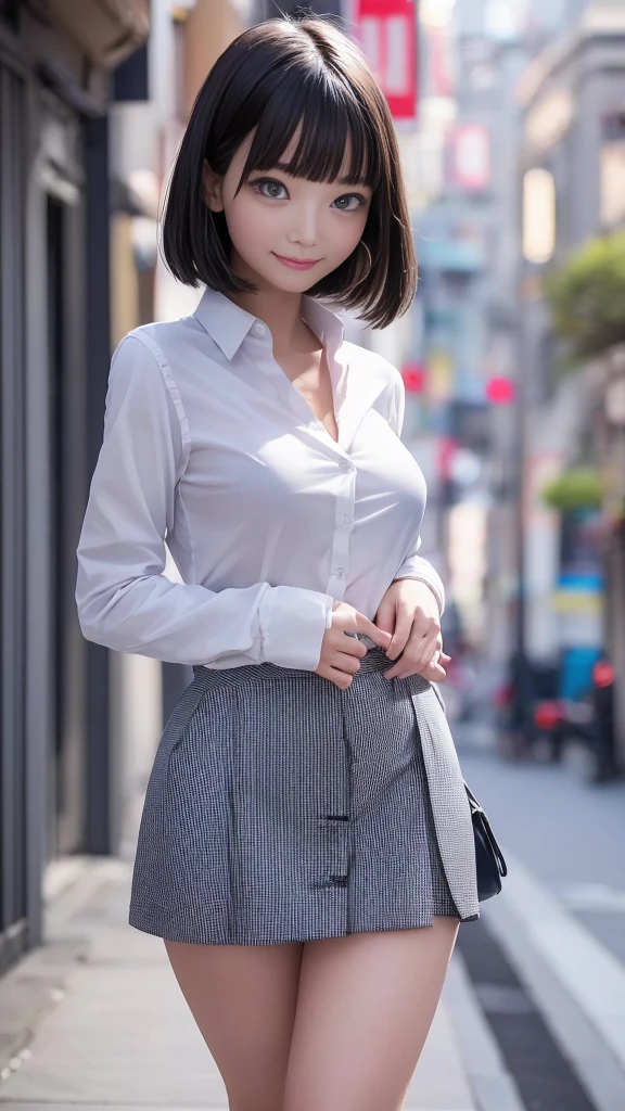 Woman in a suit standing on the sidewalk,((23-year-old woman))、small Breasts、Dark brown hair color、Hairstyle with bangs、Various hairstyles、Hairstyles of different lengths、(8k, RAW Photos, highest quality, Tabletop: 1.2),、(Realistic, Realistic: 1.3), Cityscape, Day, Sunny Morning, Professional Lighting, Photon Mapping, shirt, (Woman in a suit,) Silk Suit、Pencil Skirt、Tight Skirt、((Delicate photo)),(Detailed RAW Photos of Girls), (Tabletop:1.25), (highest quality:1.6), (超A high resolution:1.5), (Realistic:1.75), 8k resolution, Canon EOS R5, 50mm, absurdes, Ultra-detailed,Cinema Lighting, (Skirt Lift:1.5)、nsfw、the wind is strong、smile、Skirt flipped up、sexy white panties,