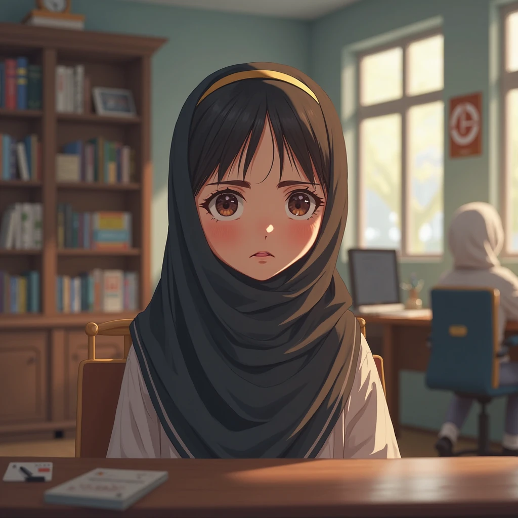 1girl, nsfw, arabian clothes, hijab, shirt, arabian student, arabian classroom, shy, black hair, olive skin, dark skin,standing, medium breasts, <lora:ArabianClothes:0.6> <lora:Expressive_H:0.8> <lora:MixSummerSolstice Style SDXL_LoRA_Pony Diffusion V6 XL:0.8>