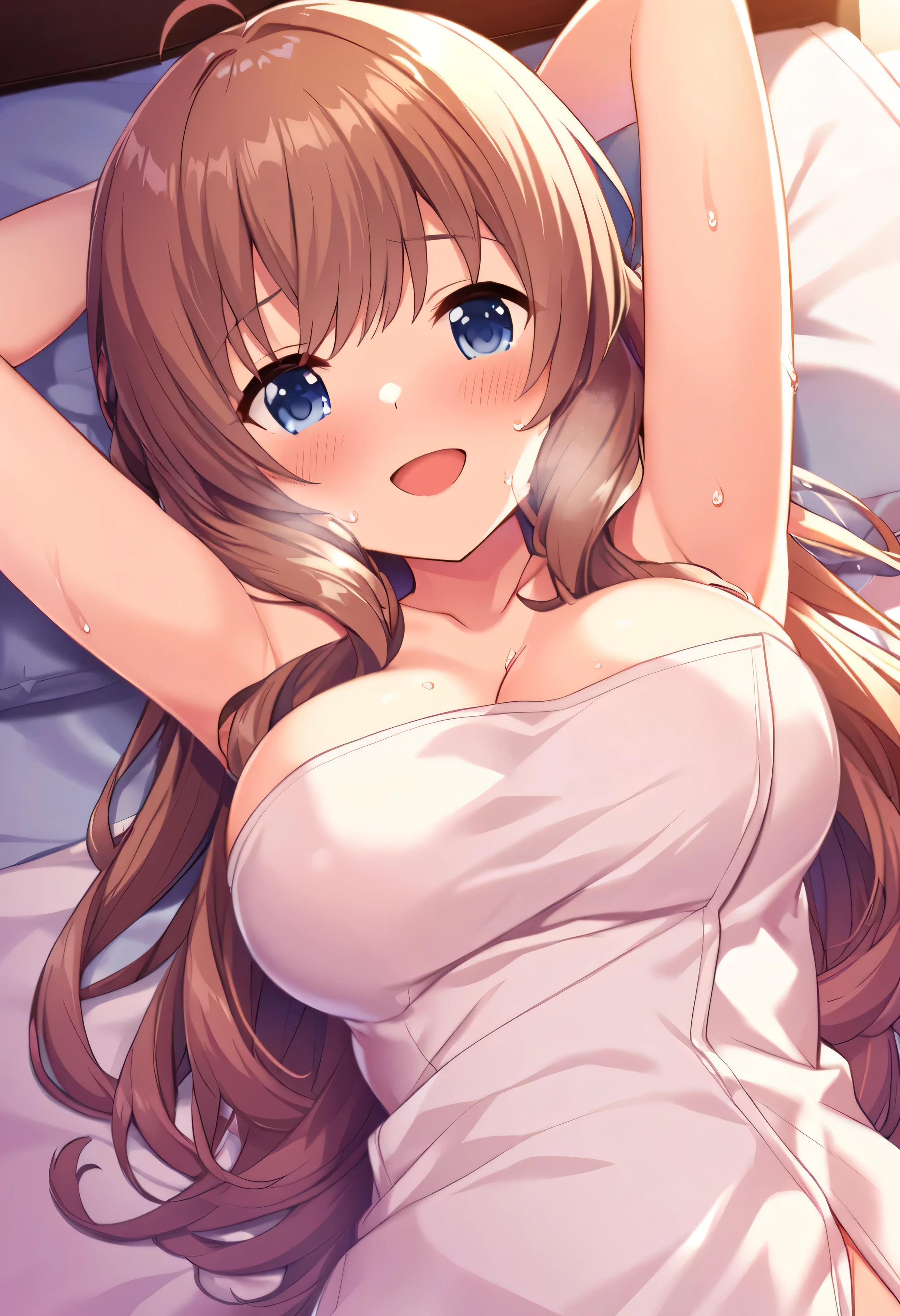 Anime girl lying in bed, Chic, small curvy loli, (SFW) safe for work, touching her clothes, oppai, bouncy belly, soft anime illustration, On my bed, lyin in bed, body swelling about to explode, Big breasts!, Big breasts!!, Lying in bed, she has a jiggly fat round belly、Chibi