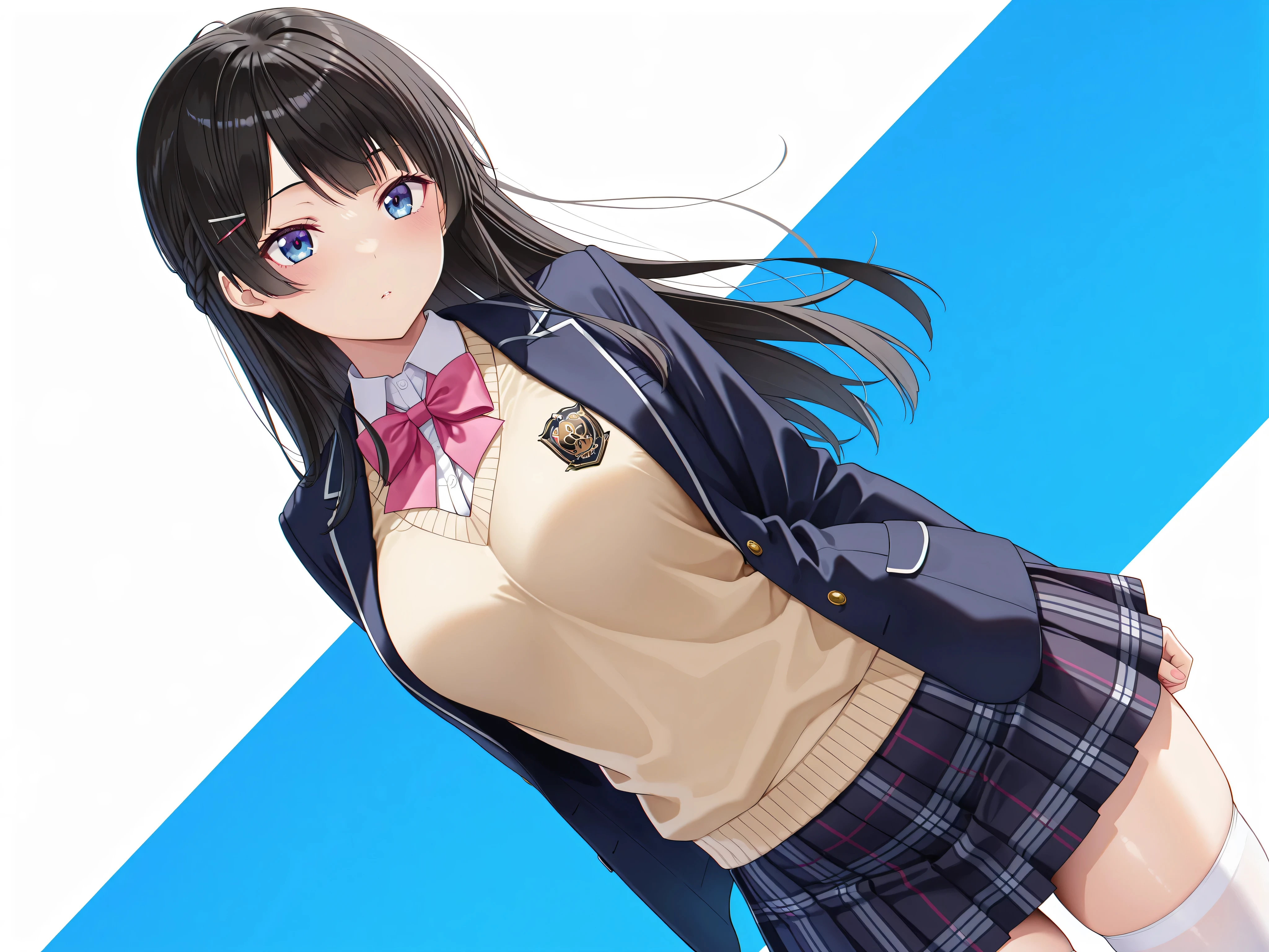 solo,masterpiece,best quality, amazing quality, highres, absurdres, very aesthetic, high resolution, ultra detailed, perfect details,nijimito,medium breasts,blue eyes,black hair,long hair,french braid,hair pin,nijimitocos,white shirt,pink bowtie,sweater,black jacket,blazer jacket,closed jacket,plaid skirt,pleated skirt,black skirt,miniskirt,white thighhighs,,(masterpiece, detailed:1.2)
