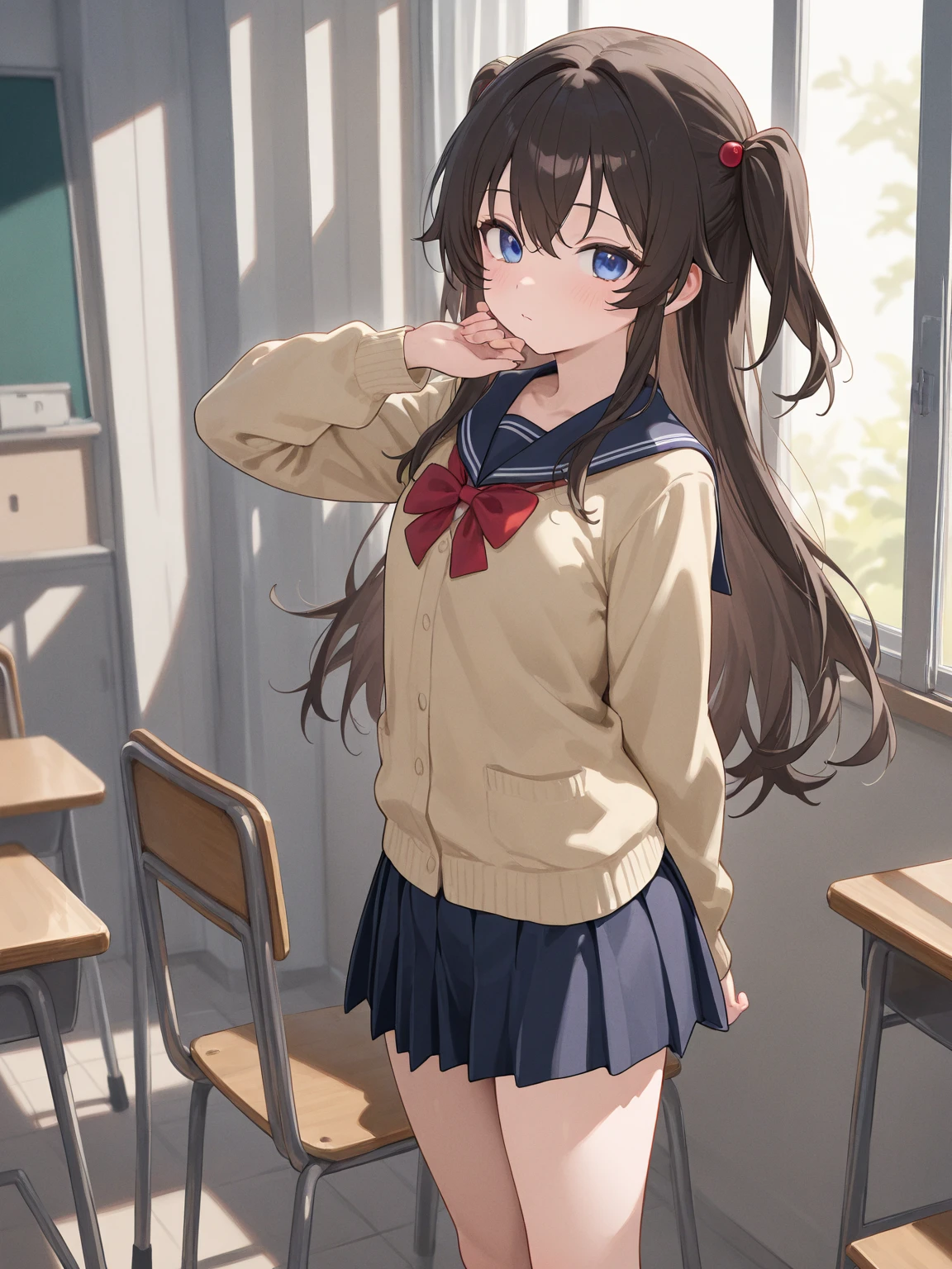 BREAK Perfect ???????、(High resolution:1.2)、Incredible illustrations、(Cute illustrations:1.2)、(nfsw)
(cinematic angle,solo focus,) （Beautiful background（classroom),
  1girl(brown hair,twin tails, tanned skin: 1.3) 1girl((a girl,slender 1.7meters, 45kg,   (school uniform)(restrained,bondage:3.8,oversized clothes), lingerie), 
