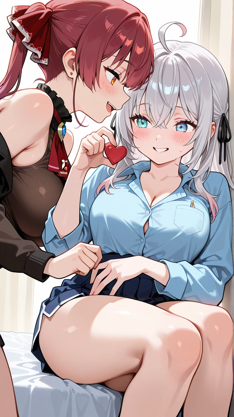 score_9, score_8_superior, score_7_superior, sauce_anime, evaluation_Safety, hakase fuyuki, One girl, Virtual YouTuber, Red eyes, Gray Hair, Long hair short hair, Low twin tails, Side Lock, Hair Clip, Neck ribbon, Red ribbon, Black sweater, Collared shirt, Open jacket, White jacket, flower, Tea belt, Long sleeve, Sleeves are longer than the wrist, White gloves, Pleated skirt, Black Skirt, Black Pantyhose, Lying in bed,Dutch Angle, Particles of light, light, Research Room, window, window shade,masterpiece, Highest quality, High resolution,Titty fuck blowjob,Hakase Fuyuki,Virtual YouTuber,vtuber,nsfw,bare breasts,penis,breast squeeze,Hakase Fuyuyuki,1boy,男がsuperiorに乗っている,Horse riding,From the head,Sleep,lies down on bed,male on top,from head side,lies down on bed,Horse ridingパイズリ,gigantic breasts,Huge breasts,A woman is sleeping on her back,A woman is sleeping in bed,Are crying,Angry,Holding it in his mouth