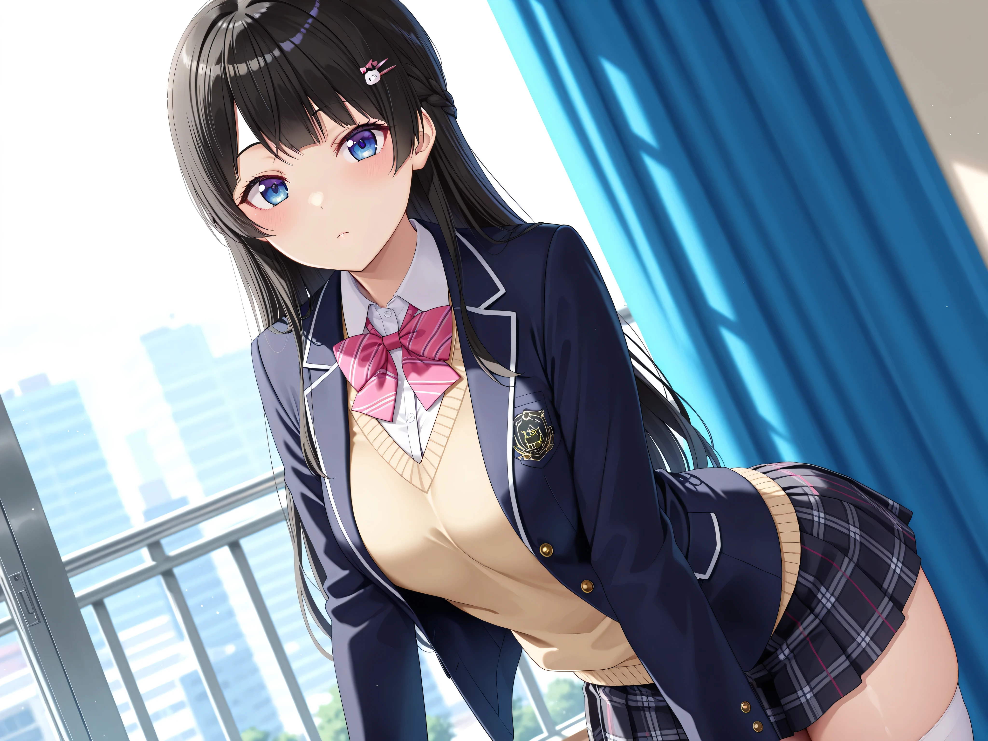 solo,masterpiece,best quality, amazing quality, highres, absurdres, very aesthetic, high resolution, ultra detailed, perfect details,nijimito,medium breasts,blue eyes,black hair,long hair,french braid,hair pin,nijimitocos,white shirt,pink bowtie,sweater,black jacket,blazer jacket,closed jacket,plaid skirt,pleated skirt,black skirt,miniskirt,white thighhighs,,(masterpiece, detailed:1.2),looking at viewer