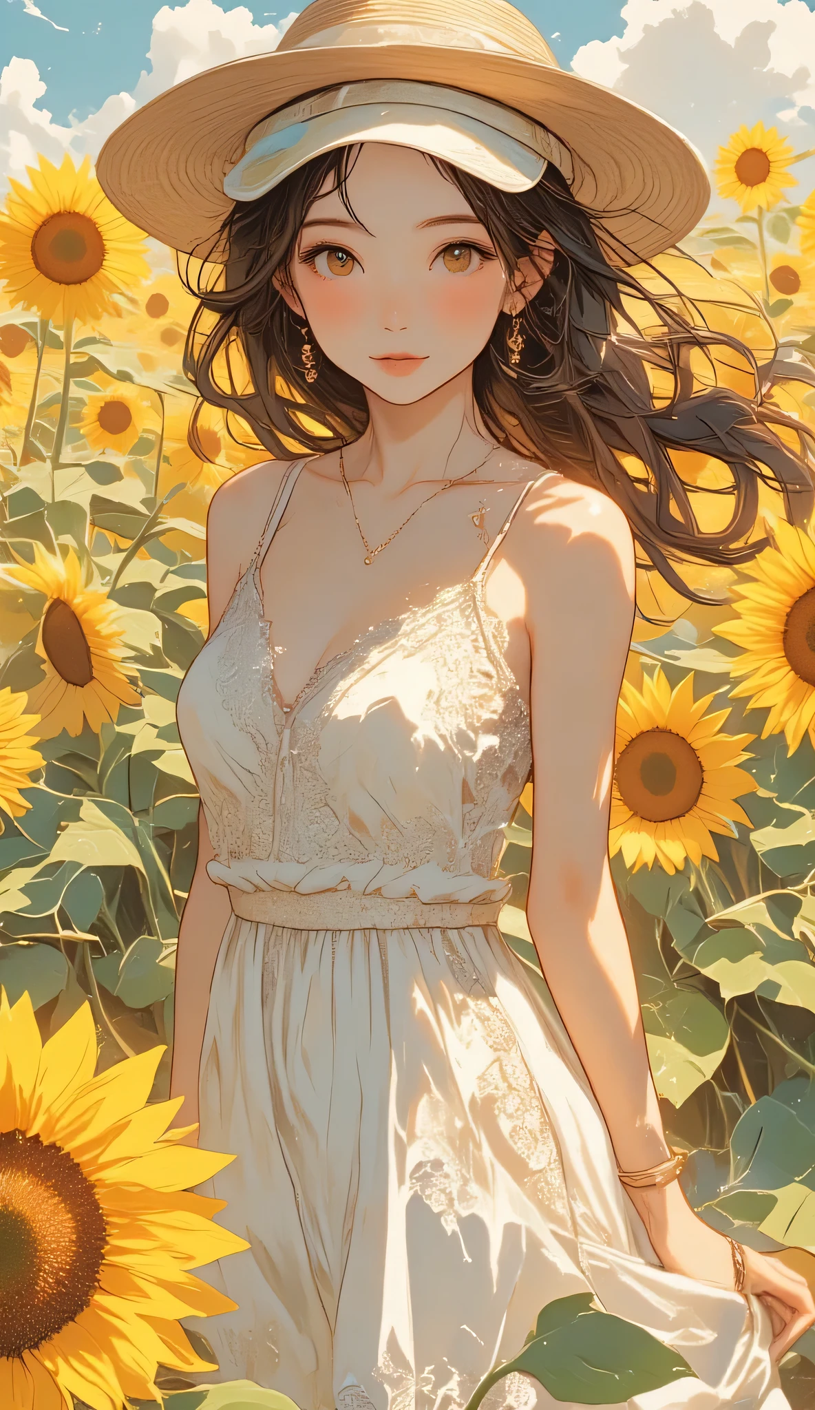 one female, ((Highest quality)), ((masterpiece)), (detailed), ((very detailed face)), High resolution photograph, full body portrait, slim face, pretty woman, (dark brown long hair), brown eyes, detail eyes, double eyelids, (Beautiful Delicate Eyes and Lips), Under the midday sun, bright sunlight, (wearing a white lace dress), relaxed dress, (wearing a sun visor hat), In the sunflower field, standing in a dynamic pose, Bright light, (her long hair is blowing in the wind),