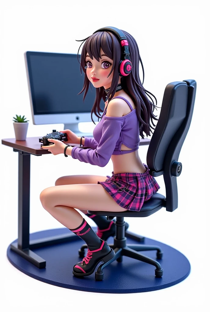 3D DRAWING OF A GIRL, 8 YEARS OLD, BROWN EYES, STRAIGHT AND LONG BROWN HAIR, WITHOUT BANGS ON THE FACE, WITH PINK CAT HEADPHONES, WITH CELL PHONE IN HAND, SITTING ON THE PINK GAMER CHAIR, BEHIND THE GAMER TABLE, WITH PINK BACKGROUND CLEAR, 3d render, illustration, poster, fashion
