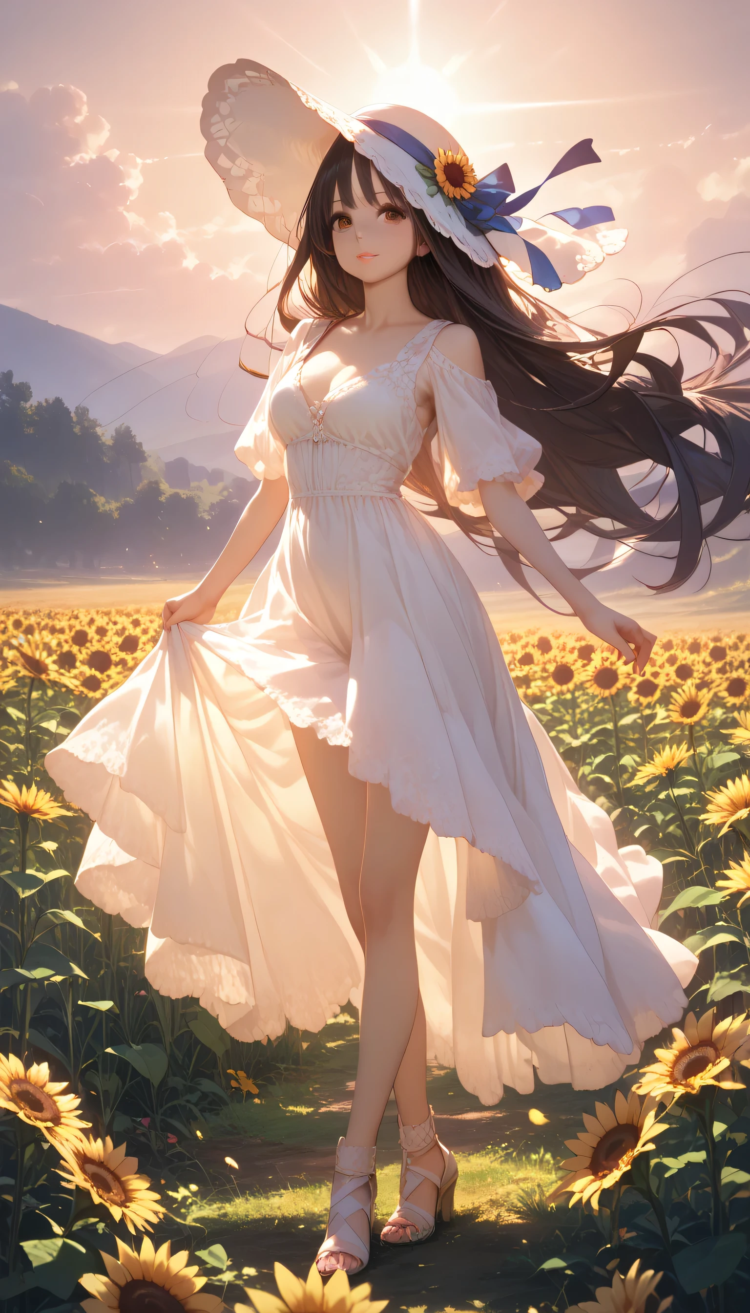 very cute and beautiful girl,White ruffled sundress with fine lace,(Very exquisite beautiful face and eyes:1.2),
standing in the middle of a field of sunflowers,Beautiful summer sky,
Mid Shot,(smile),Black Hair,Dynamic pose,Leg details,
(highest quality,masterpiece:1.2),Absurd,High resolution,Very detailedな,Very detailed,32k,8k resolution,
Intricate details,Movie Scenes,Detailed Background,alone,Dynamic Angle,
alone,Hair blowing in the wind,Second dimension beautiful girl