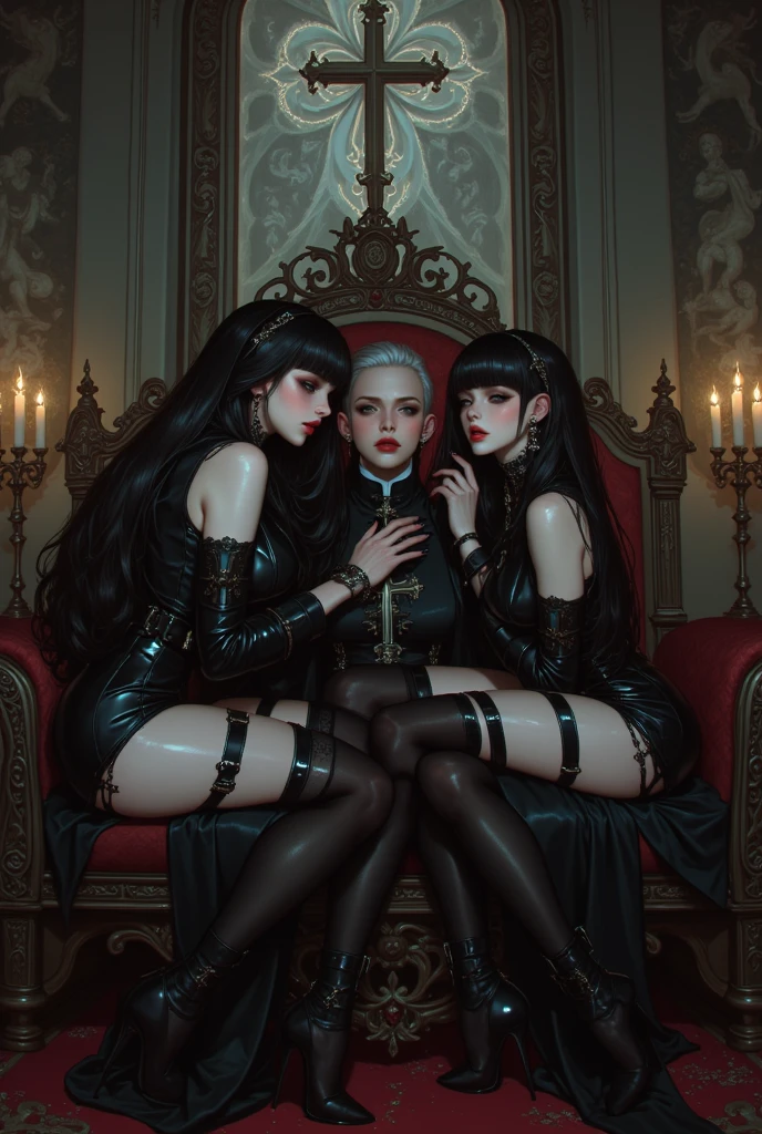 Queen succubus with highly detailed face and his sexy wives with perfect and detailed bodies and faces, Gothic style throne room, candelabra, candles, skulls, , micro detail, 8 K, hyper detailed, full body, volume lighting, raytracing, vivid colors, depth of field, sharp focus, detailed photograph, , portrait, highly detailed, beautiful, HD, ultra demon looking, dimed lights candles everywhere,