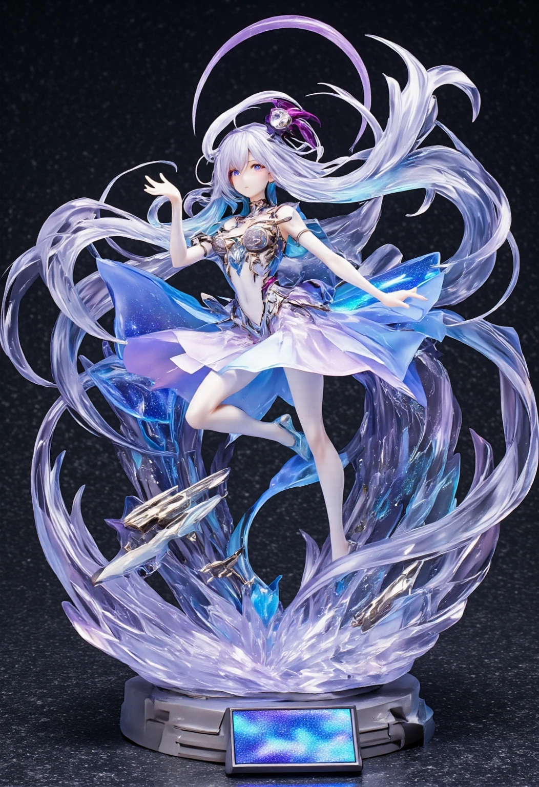 anime figurine, dynamic levitating pose, intricate mechanical gear background, flowing translucent crystal skirt with light refraction, porcelain skin texture with pearlescent coating, 8K resin material details, neon halo illumination, futuristic ruins diorama, micro holographic projections, Tyndall effect through clear parts, hyper-detailed facial sculpture, iridescent gradient hair strands, floating drone weapons system, acrylic base with holographic plaque, diamond stardust particles, liquid metal reflection treatment, nano-scale engraving details