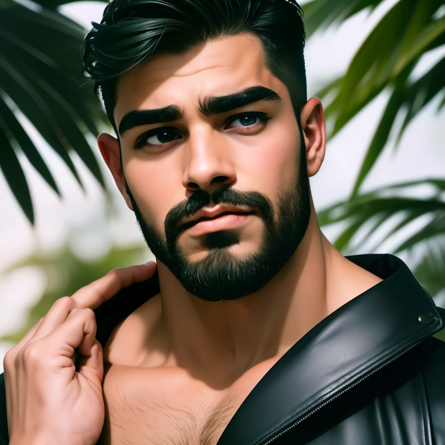 23 years old、USA Latino Hard Gay、 height 190 cm、bodybuilder(important)、Tom of Finlandの世界、1960s Tom of Finland fashion(important)、1960s-inspired leather fashion、true to the reference image(important)、Beautiful eyes(important)、don't have tattoos、realistic high quality pictures、I can't expand the left and right sides of the hairstyle、hair and beard hair are jet black、Regent's hairstyle that is flawed(movie grease protagonist's hairstyle)(important)、Bad 1960s Hairstyle(important)、I can't expand the left and right sides of the hairstyle(最important)、Not Permanent(absolute)、vertical regent hair、straight hair bathed in natto(Straight Hair)(absolute)、Slightly long hair 、with a thick, short, firm round beard、the peach tree is thick and long、looking at camera、looking at this camera、color photo in 1960s colors(important)、full body image、The neck is thick and long、Long legs、crab or bad、大きいbodybuilder(absolute)、Crude Man、I have a lot of chest hair、wild gestures、and a black riders leather jacket over bare skin(important)、No shirt(important)、my skin is dark chocolate(important)、tanned skin、 has black eyes、eyes have strength、I have eyesight、gentle gaze、has a big nose、thick and straight nose、I don't need a natural perm、Long face、I have a narrow face、wild face(absolute)、Manly and beautiful face、serious face、Shoulder width is normal 、Close to horizontal from neck to shoulder、with a tight waist, an inverted triangle silhouette、my upper arms are very thick、Thick thighs (important)、long, muscular(important)、Stern face、straight and very thick dark eyebrows、I have thick and very long eyelashes(important)、Wild face、Long face、ears don't spread sideways and are attached to the head、I hate women、tight straight blue jeans、Background is Hawaii Coast、there are many palm trees、the watch is a Rolex submariner
