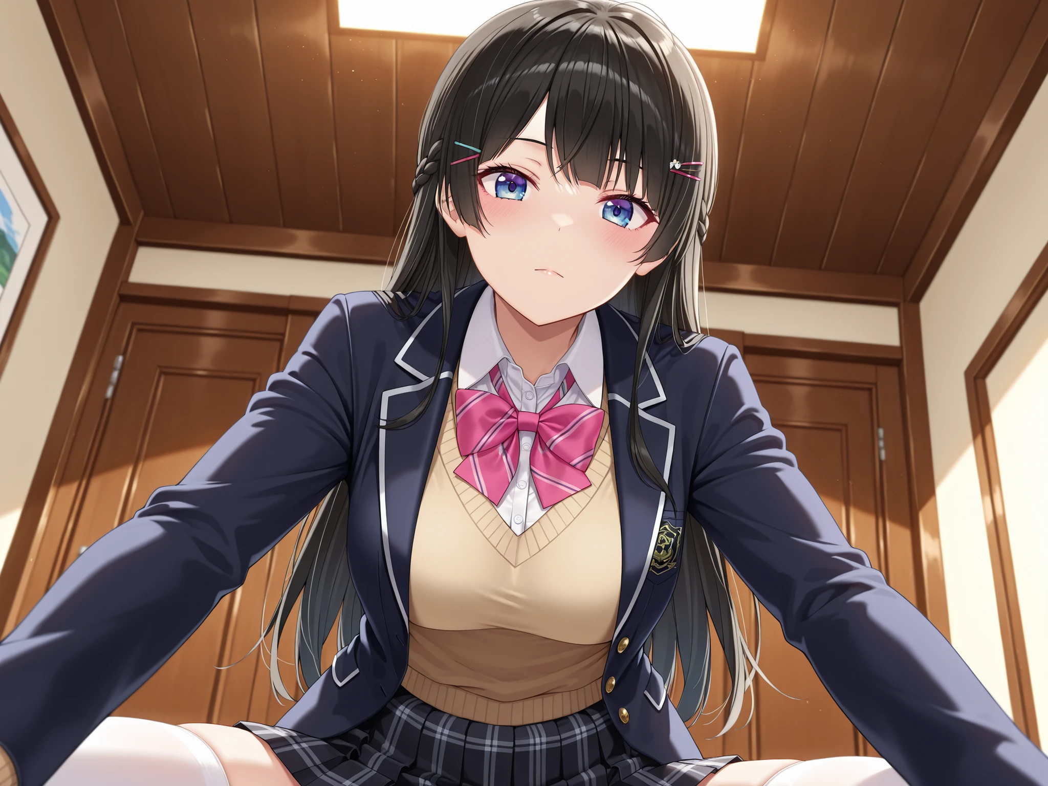 solo,masterpiece,best quality, amazing quality, highres, absurdres, very aesthetic, high resolution, ultra detailed, perfect details,nijimito,medium breasts,blue eyes,black hair,long hair,french braid,hair pin,nijimitocos,white shirt,pink bowtie,sweater,black jacket,blazer jacket,closed jacket,plaid skirt,pleated skirt,black skirt,miniskirt,white thighhighs,,(masterpiece, detailed:1.2),looking at viewer
