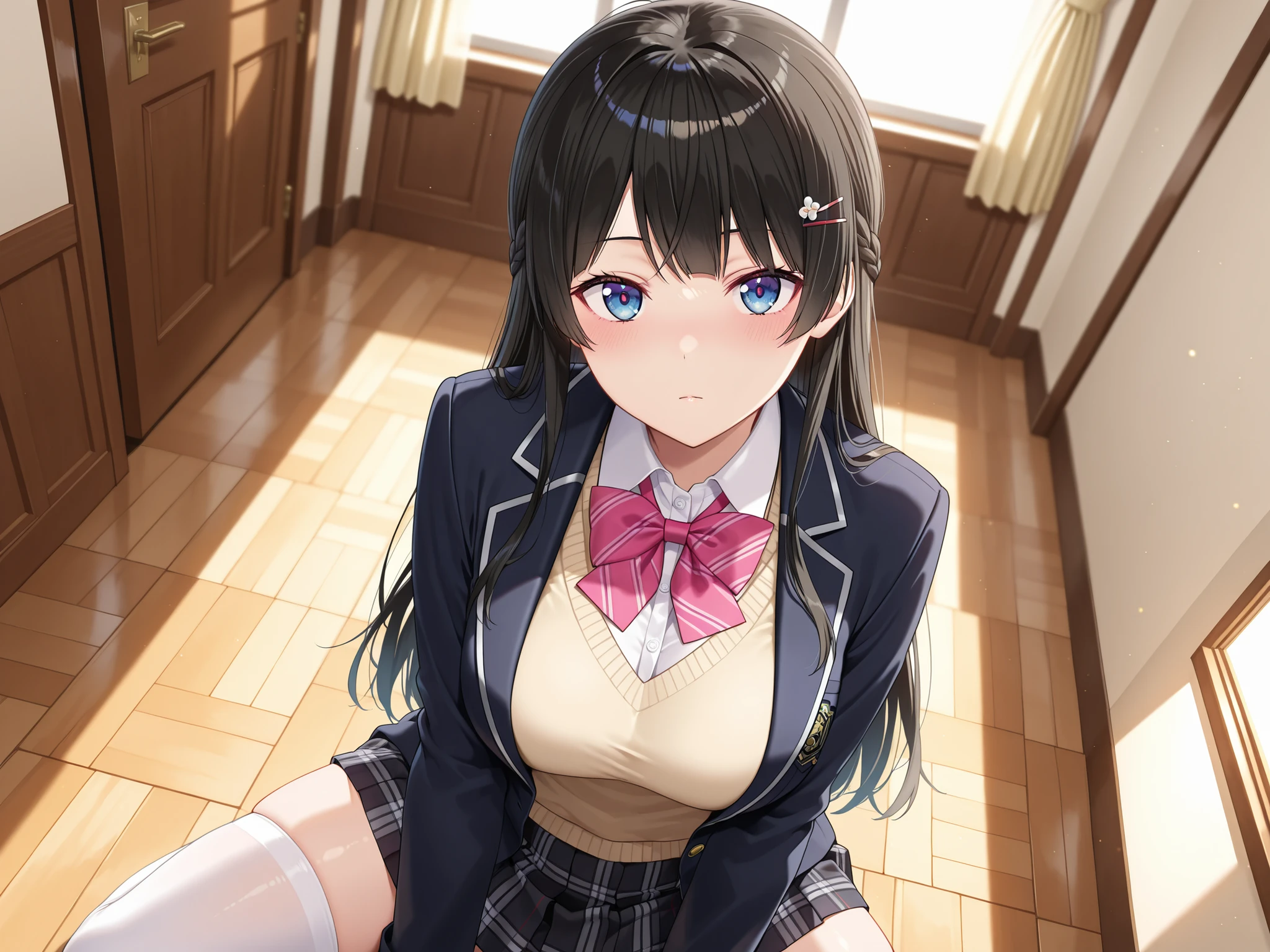 solo,masterpiece,best quality, amazing quality, highres, absurdres, very aesthetic, high resolution, ultra detailed, perfect details,nijimito,medium breasts,blue eyes,black hair,long hair,french braid,hair pin,nijimitocos,white shirt,pink bowtie,sweater,black jacket,blazer jacket,closed jacket,plaid skirt,pleated skirt,black skirt,miniskirt,white thighhighs,,(masterpiece, detailed:1.2),looking at viewer
