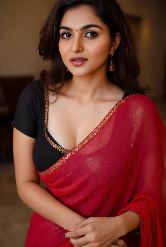 Day scene, close up photo of a indian from top view, posing under big tree, (wearing red tshirt and yellow skirt seductive big boobs ) , look at viewer, (cinematic:1.3), intricate details, (ArtStation:1.2)