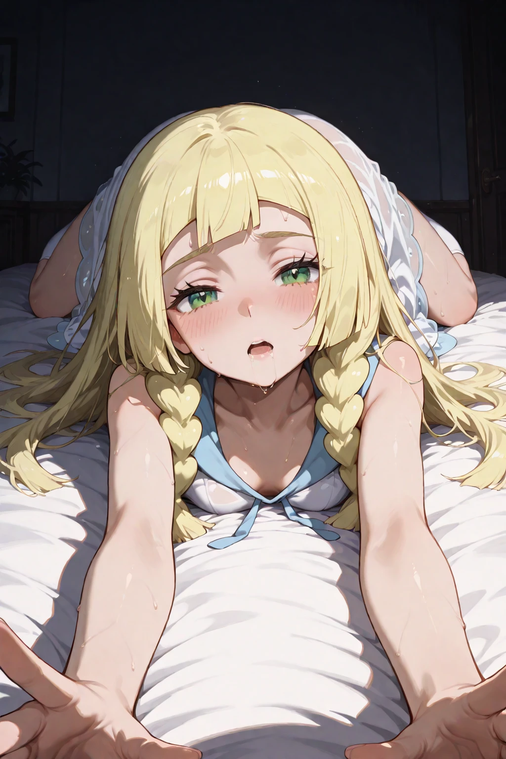 nsfw,,1 person,Sweat,White Breath,solo,,Pokémon,Lillie,Groin bulge,(Cleavage voyeur),On all fours,Bed,View from above,Naughty expression,(K-Cup)