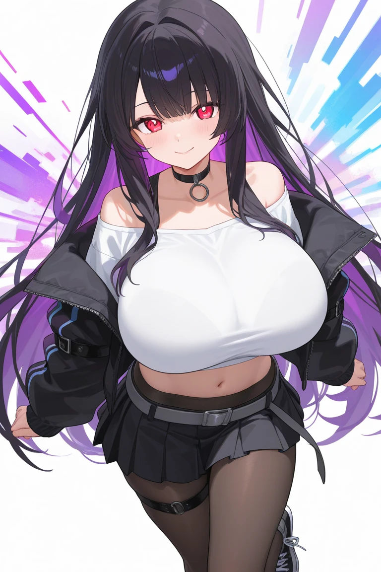 1 girl, game CG, In underwear, I can see the cleavage, huge breasts:, black hair, long hair, straight hair, black eyes ,((white background)), whole body, after that, Are standing, smile,