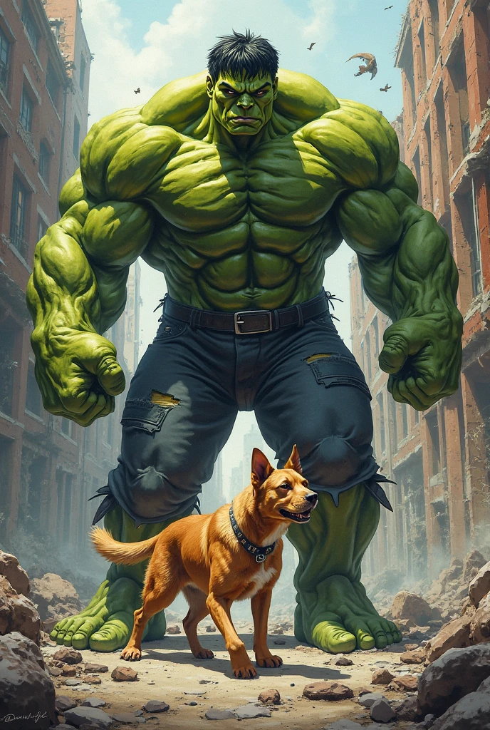 Create a portrait of hulk with his pet monster dog
