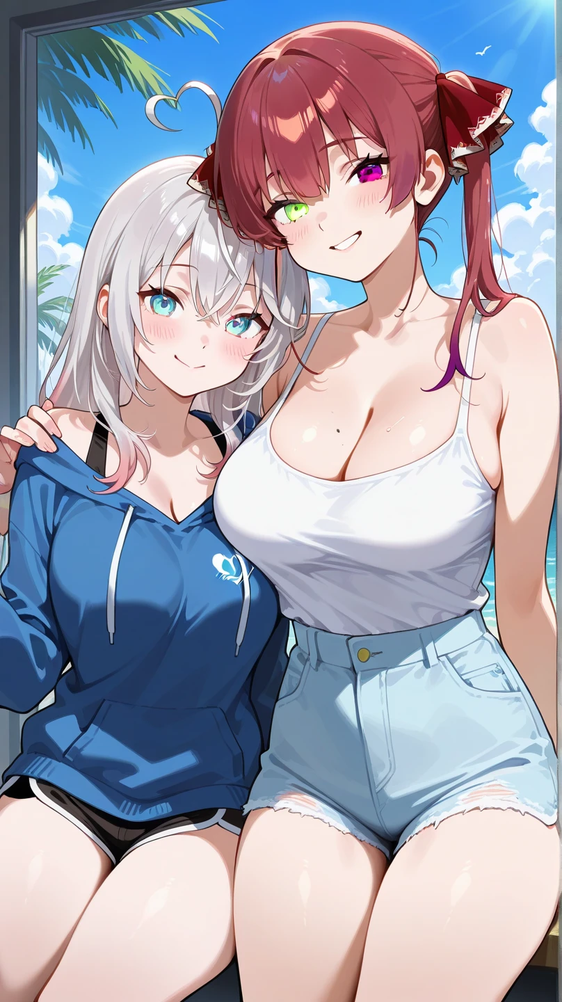 Masterpiece, best quality, ultra high quality, highres, wallpaper 8k, ,1girl, duo, Two women, Two women standing, Two women face to face, purple_hair,purple_eyes,very_long_hair,grey_hair,braided_ponytail,large_breasts,gradient_hair, Shorts,