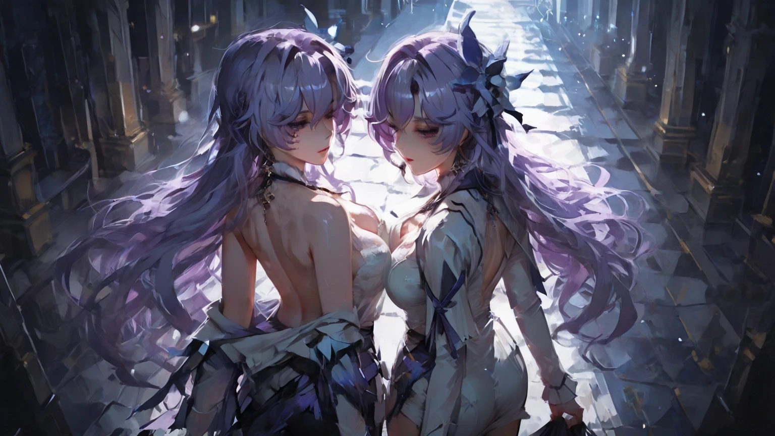 2girls,(maam:1.2), ((Extremely detailed face, the hair, The skin, The eye)), HighDynamicRange, 4K, 16k, 32K, 64K, 128k, 256k, 512k, Asymmetrical balance, TSAA, FXAA, Anti – Aliasing, Complicated details, Excellent, magia, llight rays, Ray traching, Post-processing, eyeslashes, (eye shadows), eyeline, mascara, cosmetics, Yuri, (upper legs:0.8) NSFW, dynamic angle,

(Raiden general:1.05), genshin impact, big breasts and big breasts (《the original god》Yae Miko in，A pink-haired，Purple eye:1.2), Beautiful curves,
(Purple colored hair:1.2),
(long whitr hair:1.2),
(Braided:1.2),
bluntbangs,
a purple eye,
(Large breasts),