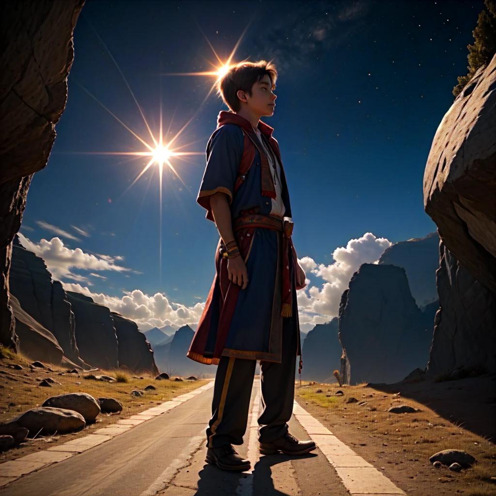 A small boy like prince stand on rock