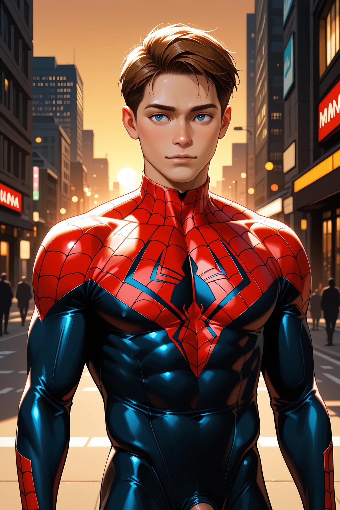 (masterpiece, high resolution, detailed:1.3), Amidst the towering skyscrapers of New York City, a young ((Spider-Man)) perches, ((shirtless)), revealing a toned physique honed from countless acrobatic swings between buildings. Even without the full suit, the ((iconic spider emblem:1.3)) is prominent ((on his chest:1.3)), standing out against his sun-kissed skin.