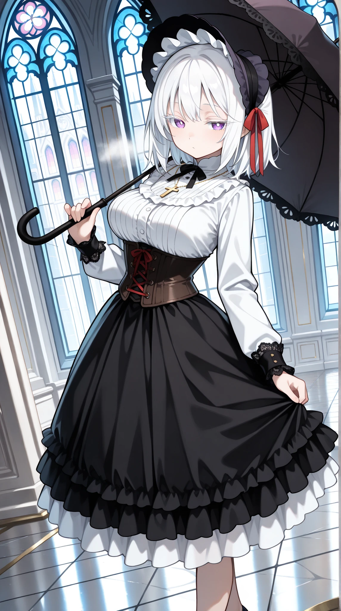 ornate gothic cathedral interior, stained glass windows, marble floor, soft ambient light, romantic yet somber mood, dutch angle, looking at viewer, (solo, 1girl, white hair, medium hair, left side hair ribbon, red ribbon, habitual hair, purple eyes), large breast, (black victorian dress, lace cuffs, high collar, corset, ruffled skirt, long sleeves, cross necklace, intricate bonnet), standing pose, slightly tilting head, holding a parasol, elegant posture, one foot slightly forward, steam, cute face, big eyes, half closed eyes, (((white pupils))), ((white eyelashes, lower eyelashes)), soft expression