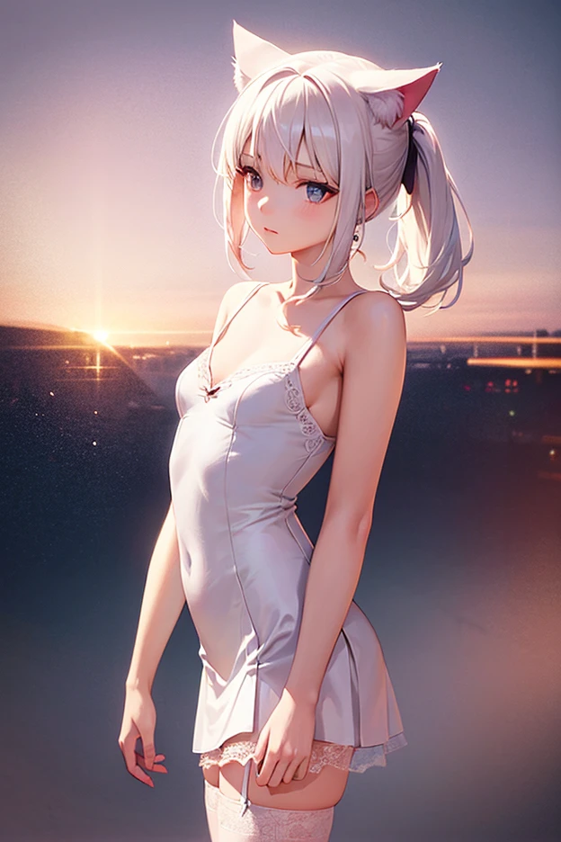 (masterpiece, best quality, highres, ultra detailed, detailed background:1.2), (beautifull, detailed face, detailed eyes), 1girl, hotel, balcony, night, starry sky, shooting star, beach, ocean, tree, palm tree, white hair, short straight hair, blunt bangs, grey eyes, narrow waist, ((flat chest)), standing, happy, parted lips, white evening gown, jewelry, earrings, necklace, makeup, mascara, hand on own chest,