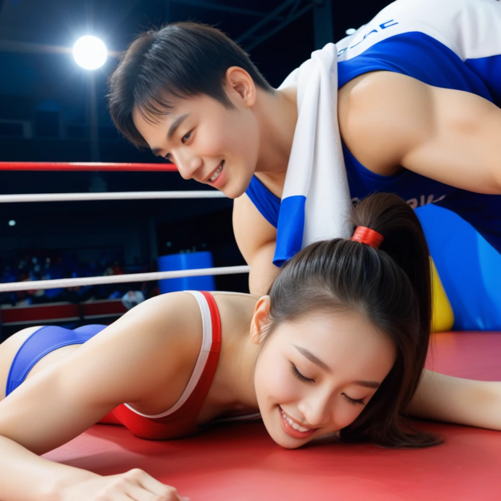 (masterpiece、highest quality、High resolution)、(Skin Details、Facial detailasterpiece、NSFW、(Extremely overweight girl and guy in wrestling gear kissing)、Fully nude、Sticking out tongue、Drooling、Looking at the audience、Captivating smile、Licking each other、(Ecstasy:1.3)、(happiness:1.3)、slggls、Face Focus、on the ring