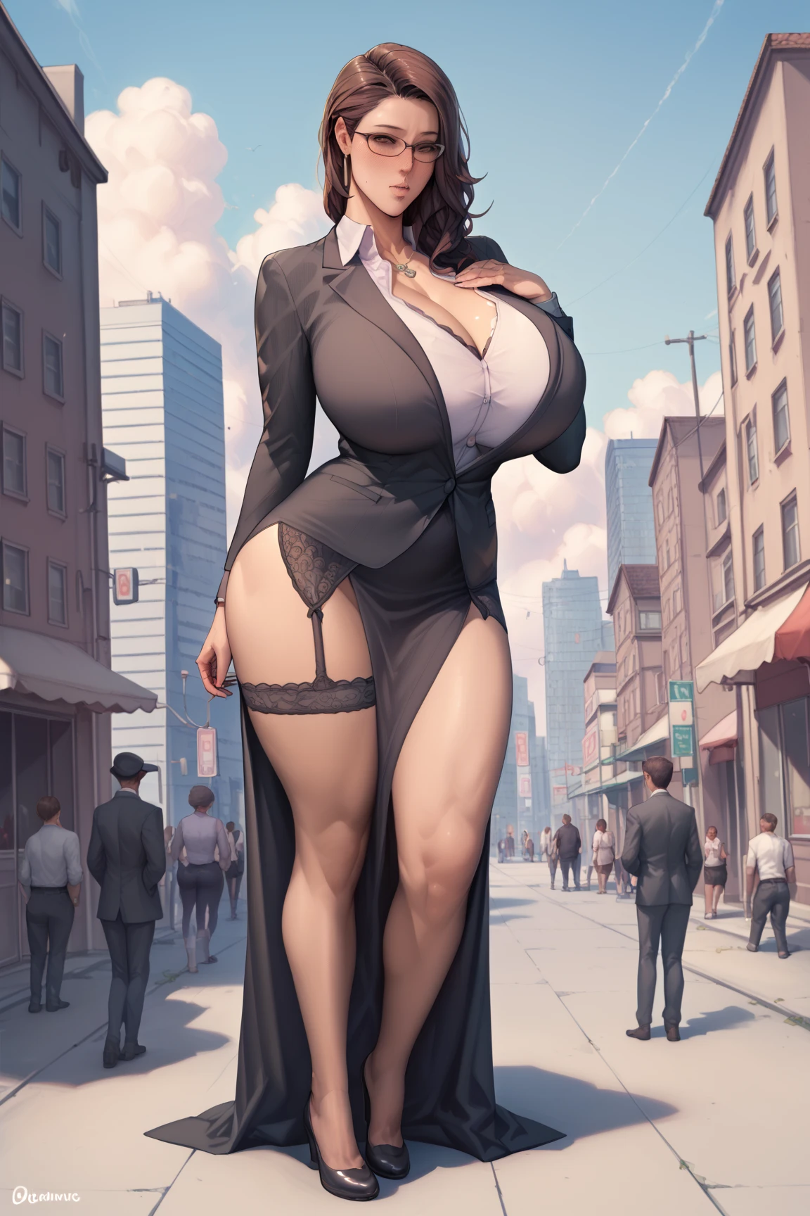 Amongst towering skyscrapers, seen from a high-rise office, the obsidian-black-skinned Giantess Goddess with glowing green eyes stands tall in a sleek black dress. Normal-sized humans scatter in terror as she steps forward, each tremor causing buildings to collapse. She plucks people from the streets, savoring their panic and pain. "Your fear is intoxicating," she murmurs, crushing them underfoot.

