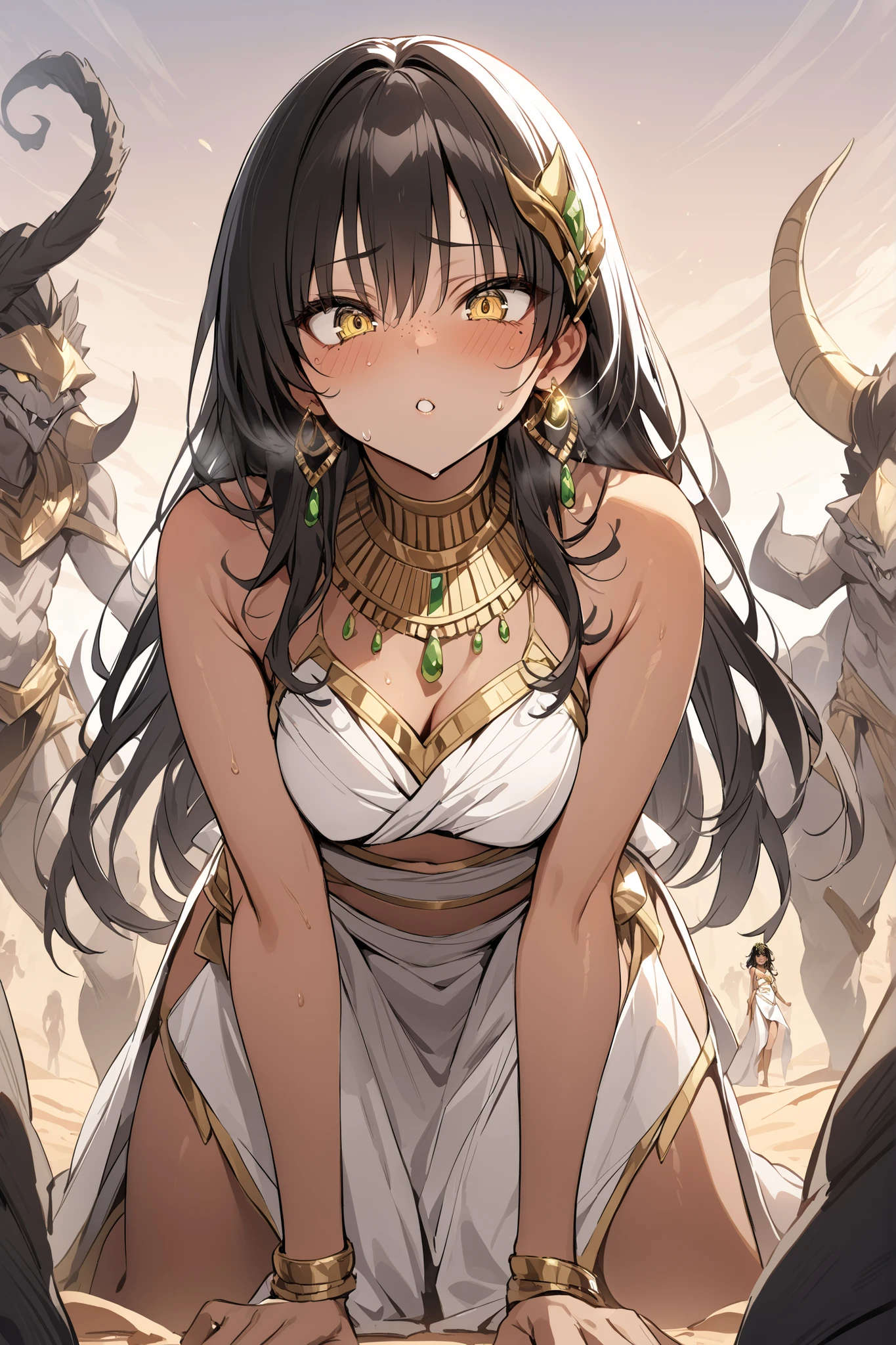 ((masterpiece,Highest Quality:1.2)),(soro),caught by a large number of monsters in the desert、A slender princess girl with thin legs standing on all fours in front of monsters,cowboy shot, healthy tan skin ,with freckles on her face,sweat,black long hair,Perfect yellow eyes, tree eyes ,Seriously uneasy expression,A hair ornament with luxurious gold ornaments,Egyptian costume in white tones,Gold Earrings