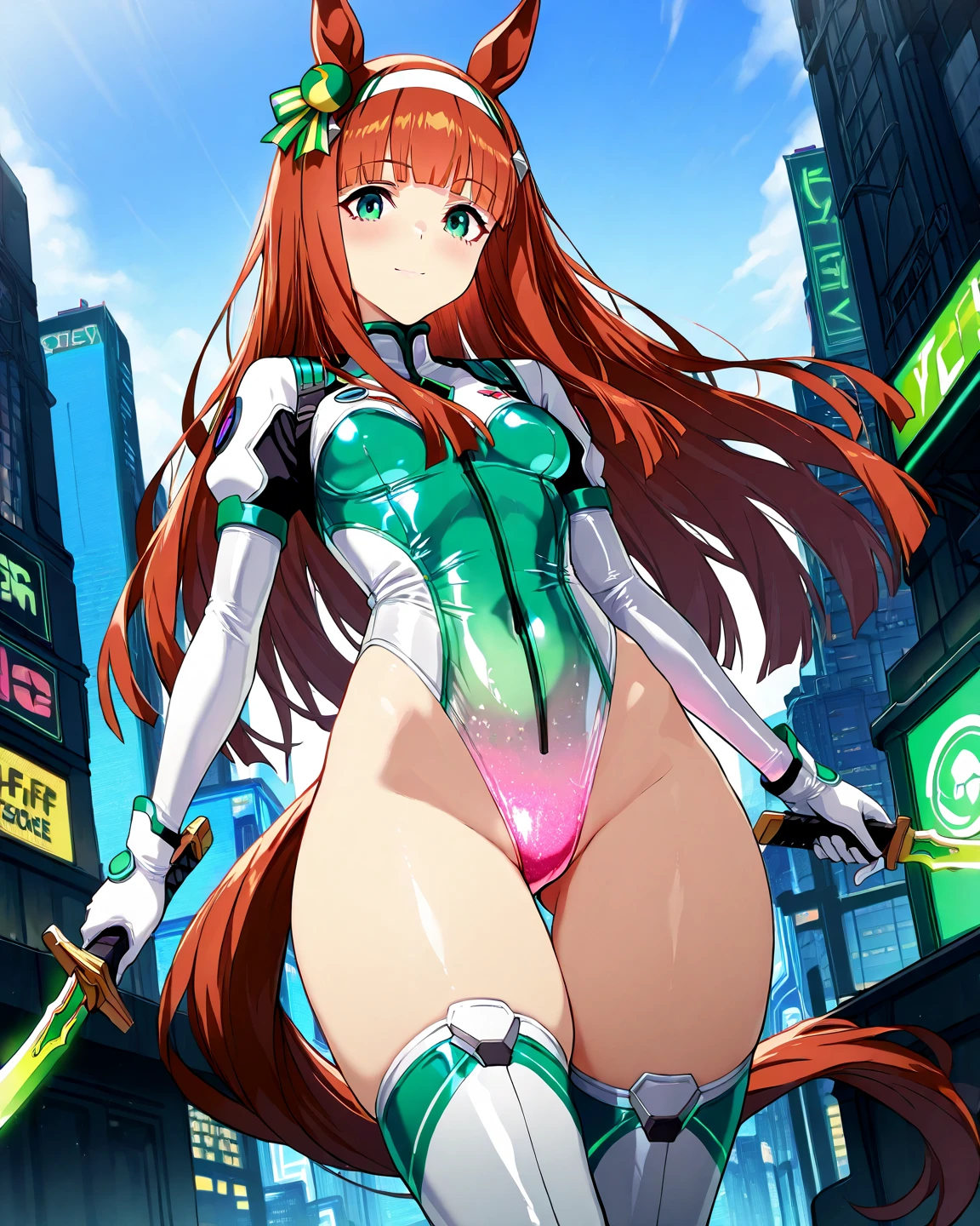 ((1 cyborg woman)),((huge breasts)),((biomechanical legs, legs open legs)),((bare breasts, naked pussy, completely naked)),((red hair with a short white stripe with a tail horse, green eyes)),((lying on a gray futoristic operating table, placing a green rubber penis in her pussy)),