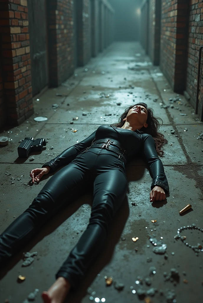 Dead ninja woman on the ground with her legs open