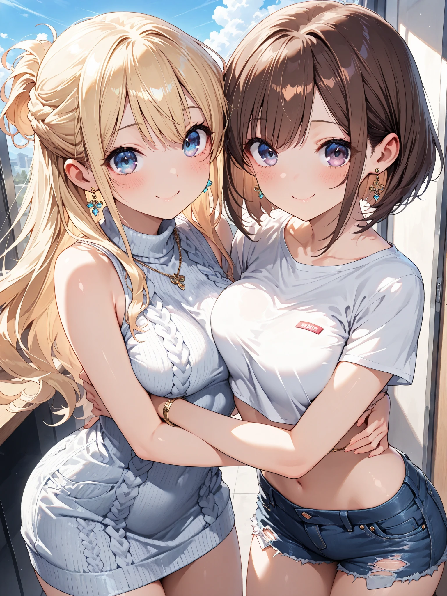 Tabletop, highest quality,figure, wallpaper, Super detailed, Absurd beauty、Dimly lit room、indirect lighting、((Two beautiful girls、16 years old、Hug))、(Blonde、long、Wavy Hair、Very large breasts)、Close your eyes、Off the shoulder、Shorts、Shyness