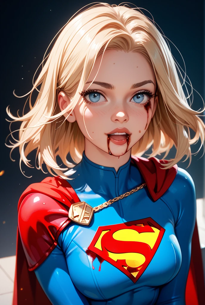 Young female, with short blonde hair, blue eyes, smiling, wearing a tight blue colored Heroin costume, wearing a red cape and smiling with. Blood splashes on the face