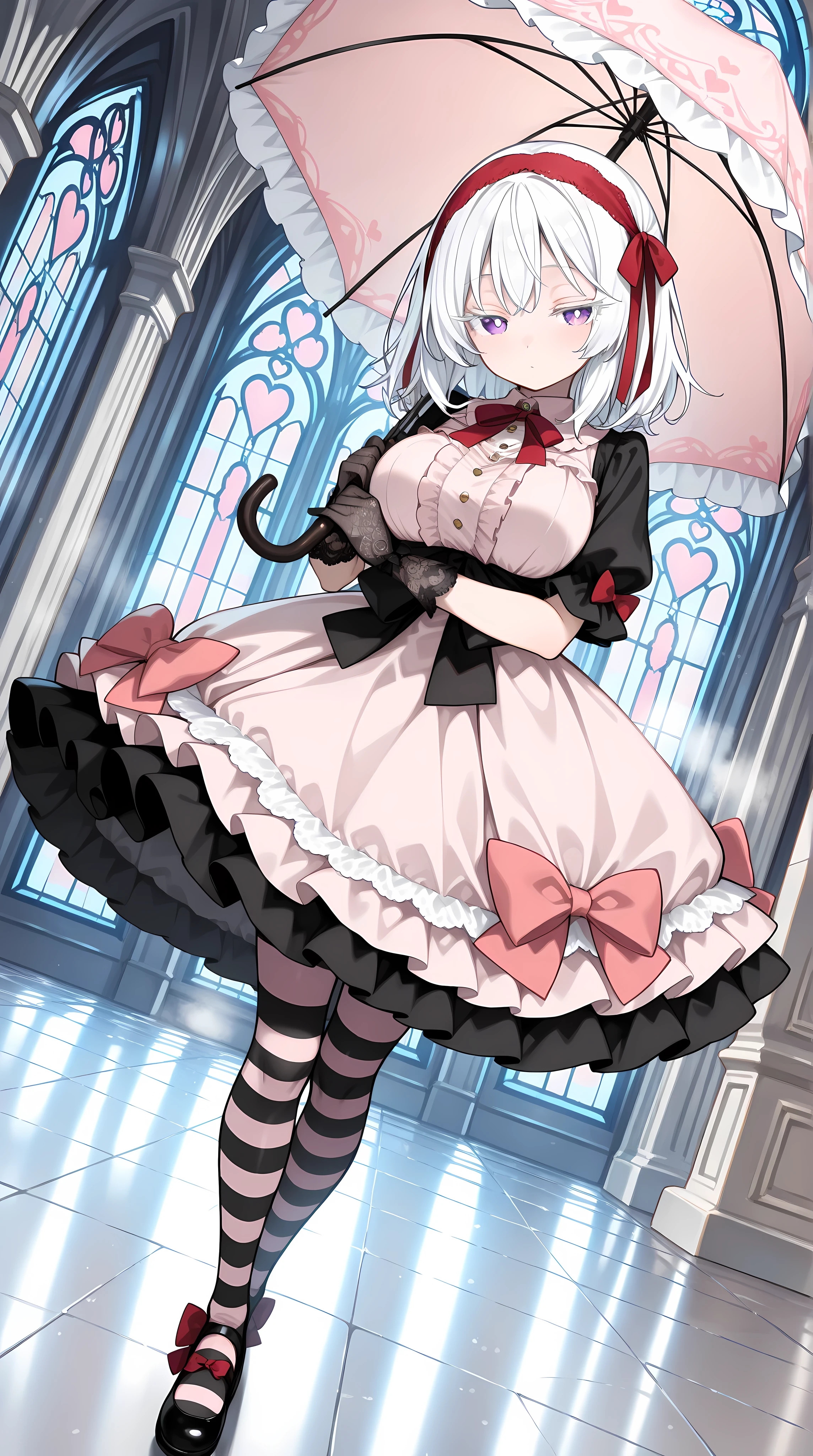ornate gothic cathedral interior, stained glass windows, marble floor, soft ambient light, romantic yet somber mood, dutch angle, looking at viewer, (solo, 1girl, white hair, medium hair, tactile hair, left side hair ribbon, red ribbon, habitual hair, purple eyes), large breast, (pink and black frilly dress, puff sleeves, lace gloves, oversized bows, striped stockings, heart motifs, ribbon headband), standing pose, slightly tilting head, holding a parasol, elegant posture, one foot slightly forward, steam, cute face, big eyes, half closed eyes, (((white pupils))), ((white eyelashes, lower eyelashes)), soft expression