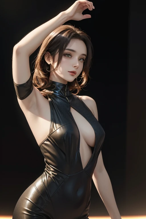 a beautiful woman with oily and shiny skin, wearing a one-piece pants, standing in front of a huge titanium mass, intricate details, surreal, 8K, high quality, photorealistic, hyper detailed, glossy skin, glowing skin, dramatic lighting, cinematic, volumetric lighting, dramatic shadows, chiaroscuro, chiseled facial features, piercing eyes, elegant pose, graceful movements, cinematic atmosphere, vivid colors, dynamic composition, masterpiece