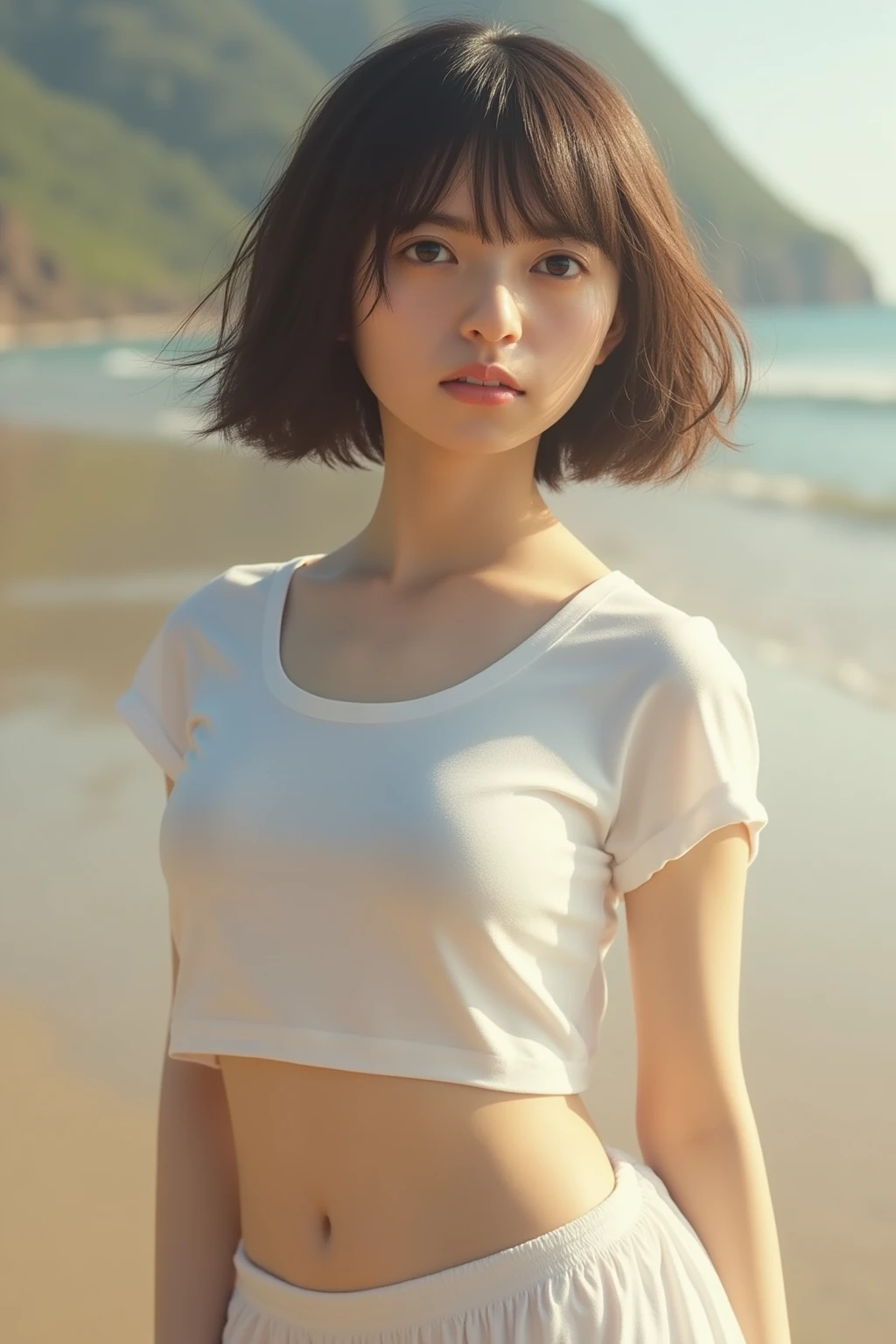 (at beach, 1 girl, small breasts, medium bob hair, white T-shirts, wearing denim miniskirt, white panties, Spread legs, squatting:1.5), fair-skinned, glossy lips, skinny, body type, delicate and sexy clavicle, highest quality, RAW photo, realistic, face, incredibly ridiculous beautiful girl, cute, Depth of bounds written, High resolution, ultra detail, detailed, Very detailed, extremely detailed eye and face, sharp pupils, sharp focus, cinematic lighting