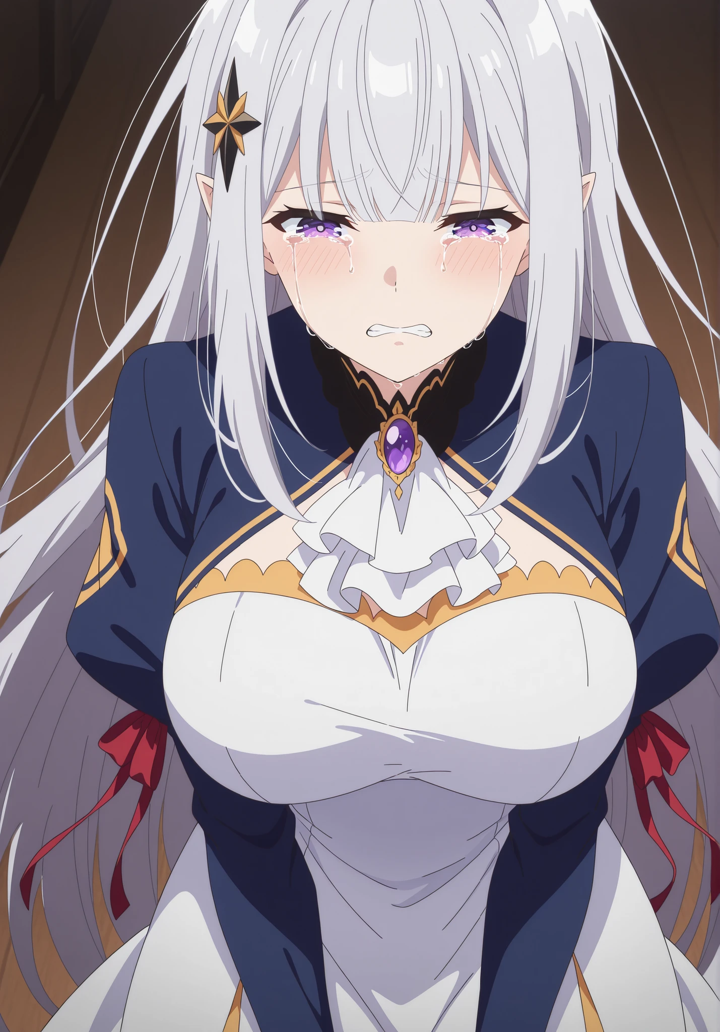 score_7_up, anime screencap, Women, long hair, Satella, 1girl, Anime, 1girl, adult female, pointy ears, hair ornament, silver hair, purple eyes, Big breasts, red ribbon, sad, crying eyes open, tears, Pain, clenched teeth, jewelry, white ascot, brooch, blue jacket, long sleeves, silver prosthetic arms, white dress, long dress,