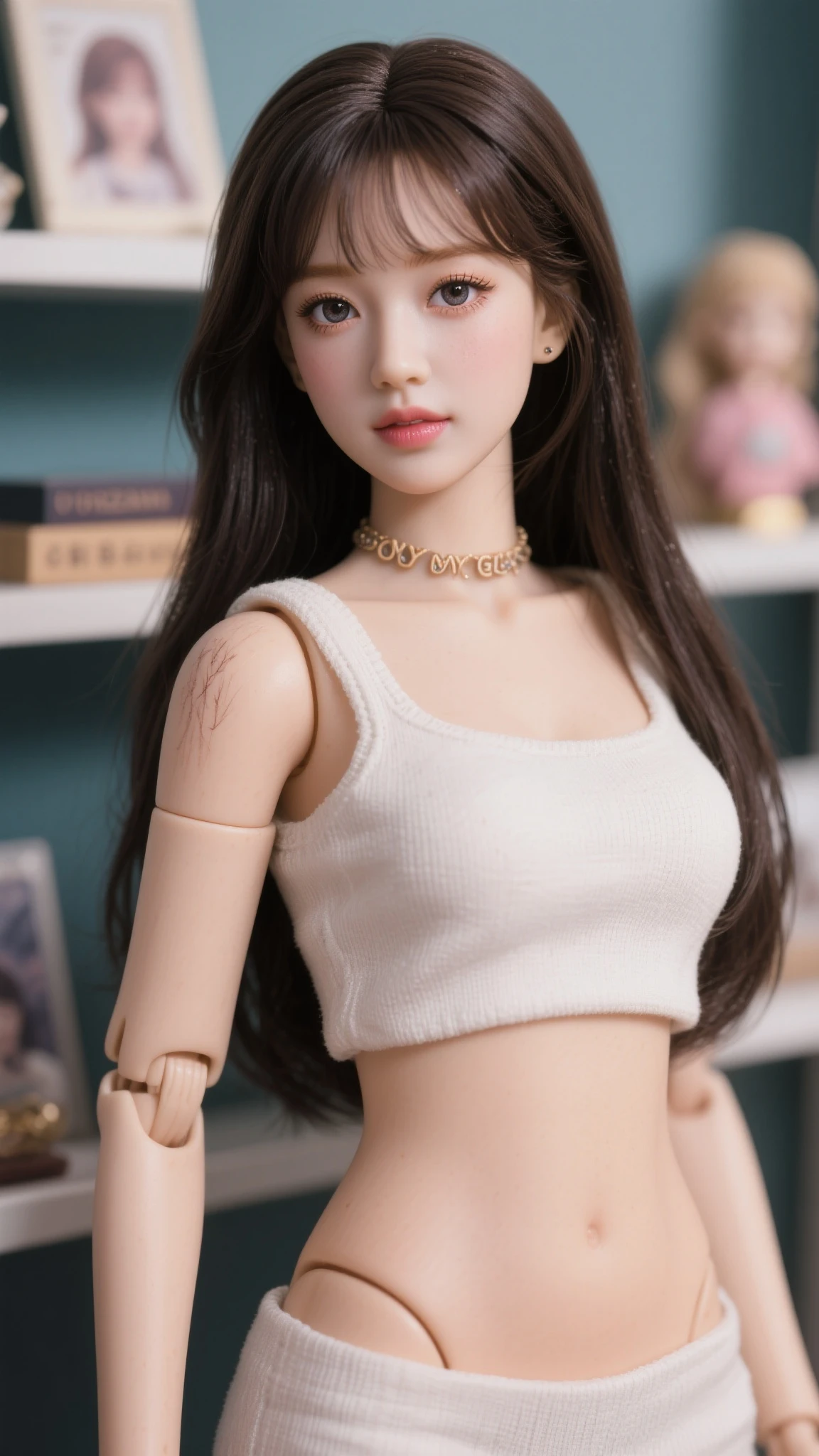Anatomically normal、Japanese Idols、16K、Highest quality、Highest quality、Highest Resolution、Masterpiece、(頭の上から足の先まで写っているFull body photo:1.8)、Accurate, ultra-high resolution portrait photography、(Perfect Body Beauty:1.8)、(A perfect and beautiful figure with a beautiful whole body:1.8)、(Straight super long layered haircut:1.8)、(Straight long bangs:1.8)、Highly detailed face and skin texture、(A small face that is too symmetrical, too pretty, too cute:1.8)、(9Life-size small face:1.8)、Very big and beautiful eyes、Naturally lustrous, translucent white skin、(Super long straight hair with long layered bangs:1.8)、Brown hair color that is too bright and noticeable、(Thin, delicate and realistic small face:1.8)、(A purple off-the-shoulder knit sweater from a brand that is so short you can almost see under her bust.:1.8)、(The bust is never visible:1.8)、(The bottom of the bust is almost visible, but not completely.:1.8)、(Her slim waist and belly button are clearly visible:1.8)、bare clavicle、Naked shoulders、Deep cleavage、Thin and slender build、Too thin waist、Hourglass system、(Beautifully shaped, firm, large breasts:1.8)、(A plain violet denim miniskirt that's so short you can almost see her panties:1.8)、(Micro Mini:1.8)、(A miniskirt that is too short and is worn below the waist or below the belly button:1.8)、(A super mini skirt that is short enough to completely cover the panties. The panties are completely invisible.:1.8)、No anatomical abnormalities、(たった一人だけのOne girl:1.8)、solo、(Always be alone in the photo:1.8)、(One girl:1.8)、(No anatomical abnormalities:1.8)、(Only one person is in the picture:1.8)、No anatomical abnormalities、(She is completely in love with the viewer and stares at him with a shy expression.:1.8)、Highly revealing、(Full body photo:1.8)、(One girl:2)