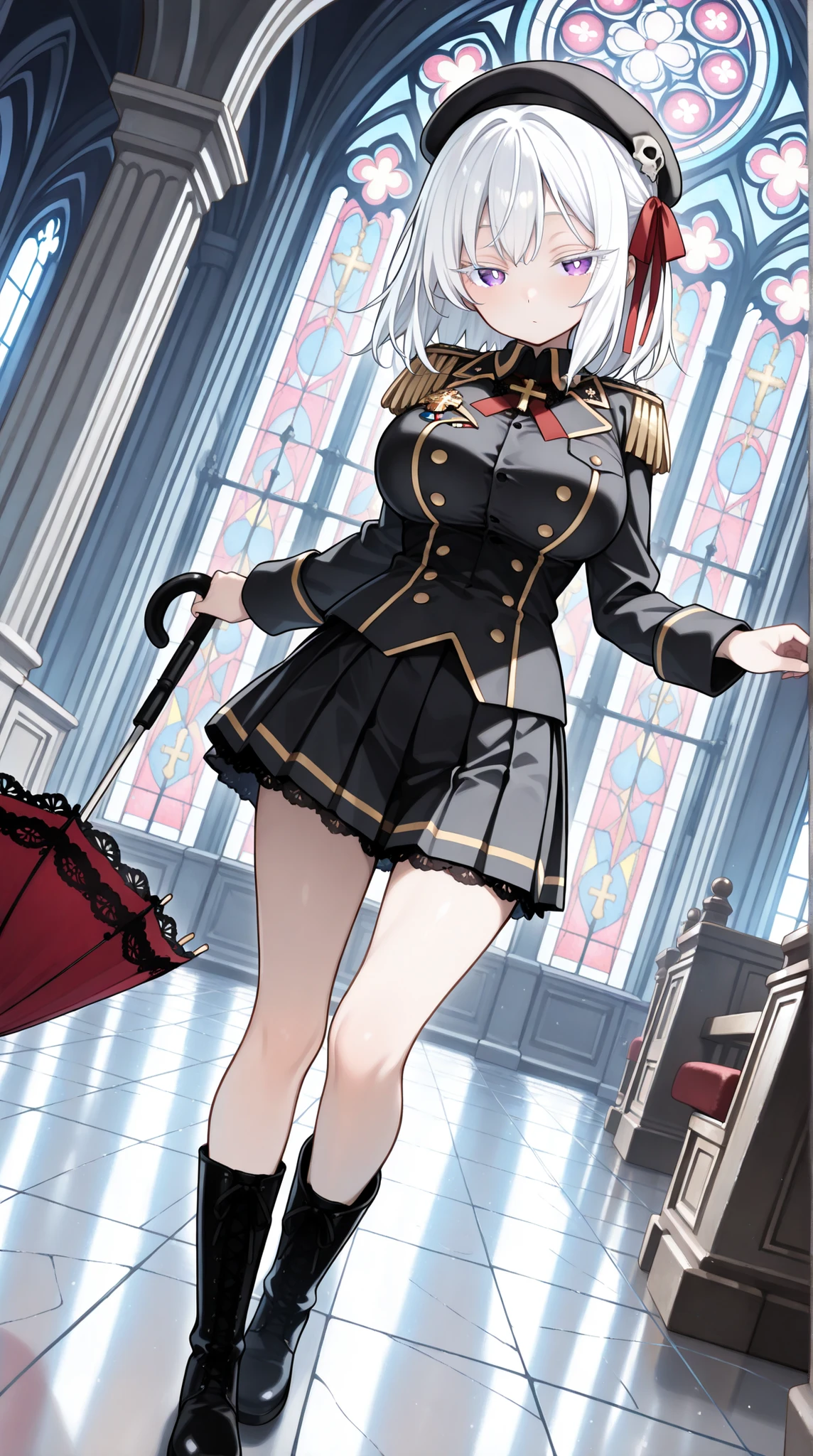 ornate gothic cathedral interior, stained glass windows, marble floor, soft ambient light, romantic yet somber mood, dutch angle, looking at viewer, (solo, 1girl, white hair, medium hair, tactile hair, left side hair ribbon, red ribbon, habitual hair, purple eyes), large breast, (military-style jacket with lace trim, pleated skirt, high boots, epaulets, gothic medals, cross buttons, beret with skull pin), standing pose, slightly tilting head, holding a parasol, elegant posture, one foot slightly forward, steam, cute face, big eyes, half closed eyes, (((white pupils))), ((white eyelashes, lower eyelashes)), soft expression