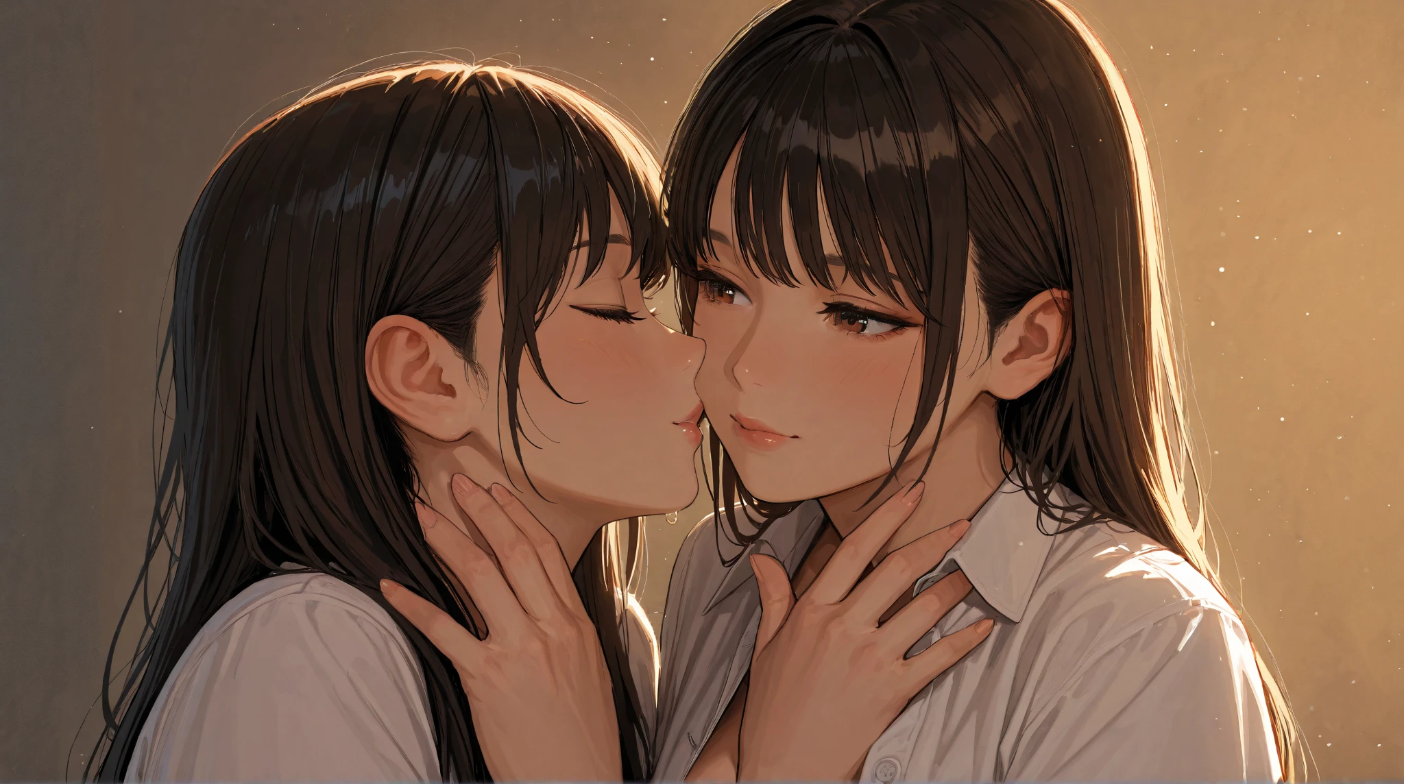 highest quality、High resolution、Detailed Background、(Beautiful face in every detail:1.4)、Anatomically correct、(Detailed facial expressions)、(Detailed eyes:1.2)、Teenage beauty、(Highly detailed face:1.4)、(Huge breasts:1.1)、cute hair color、Cute hairstyle、Bobcut、Twin tails、Cute items such as pajamas and cute bedding、Pajama Party、Feminine cuteness、Accentuate your cleavage、Cute gestures、A big smile、
Two people in pajamas in the gentle light、The moment our eyes crossed、I can't seem to contain my excitement、
Our hands are gently clasped together and our eyes are fixed on each other、(Two beautiful girls shake off their hesitation and kiss each other:1.5)、I'm surrounded by a surge of emotion、Happy feelings overflow、Such a sweet time、A secret between the two of us、A shy but happy smile、cute