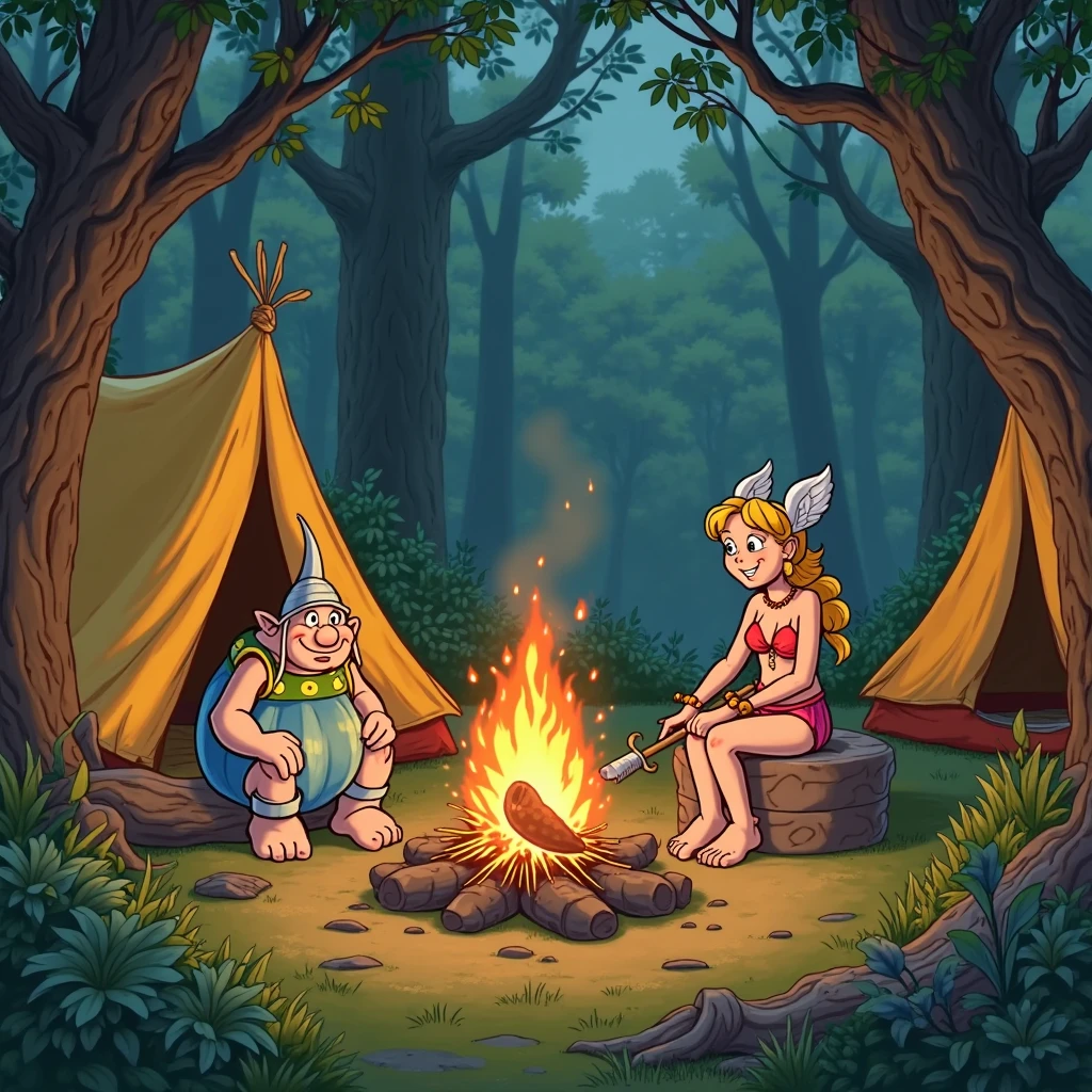 szninkiel Gwel girl and Jon boy in a cave by the fire, cartoon <lora:szninkiel:0.8>