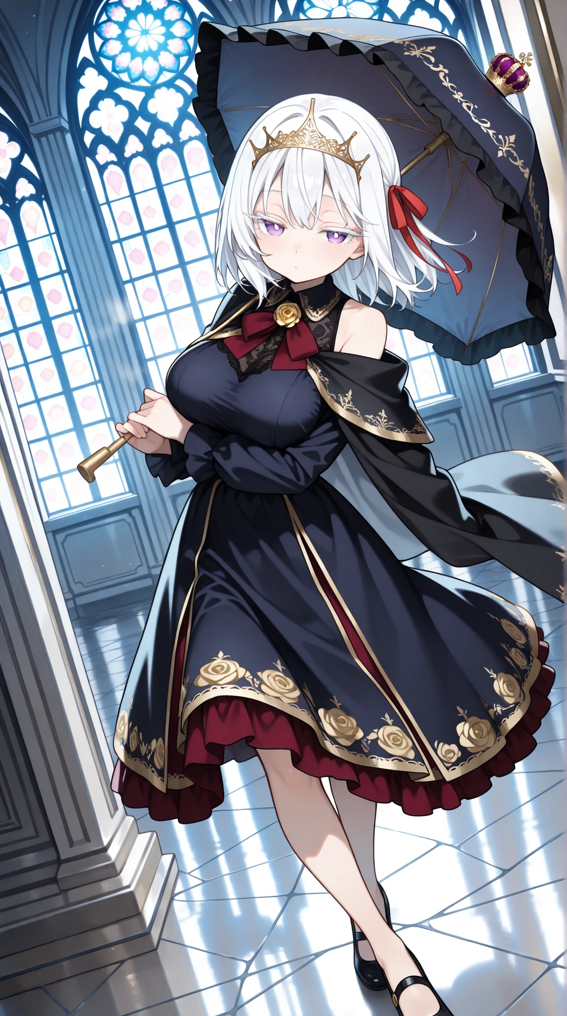 ornate gothic cathedral interior, stained glass windows, marble floor, soft ambient light, romantic yet somber mood, dutch angle, looking at viewer, (solo, 1girl, white hair, medium hair, tactile hair, left side hair ribbon, red ribbon, habitual hair, purple eyes), large breast, (deep navy and gold embroidered dress, bustle skirt, regal shoulder cape, rose brooch, jeweled crown headpiece), standing pose, slightly tilting head, holding a parasol, elegant posture, one foot slightly forward, steam, cute face, big eyes, half closed eyes, (((white pupils))), ((white eyelashes, lower eyelashes)), soft expression