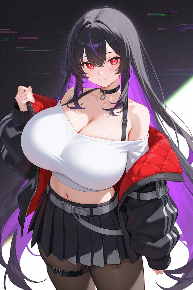 ((sagging breasts,mature female,huge breasts, gigantic breasts)),solo,grin,cowboy shot,gyaru,((nagatiti)),eyeshadow,lip,Shiny eyelashes,black hair, ((two-tone hair)),piercing,Peace sign, hot pants, large belt, navel, gloves, detailed decorations, metal buttons, puff sleeves, hoodie, knee-high boots, ω,half eye,smile,