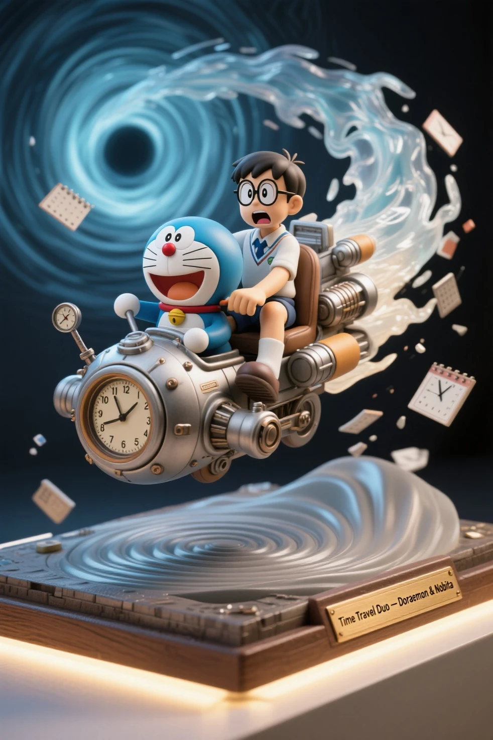 photo-realistic diorama figure of Doraemon and Nobita riding the classic time machine, fully open-air display without an acrylic case, dynamic composition showing the vehicle mid-flight through a swirling time vortex

Nobita is sculpted with round glasses, school uniform, and a panicked expression, gripping the edge of the seat as if holding on during turbulence, his legs slightly lifted for a floating effect

Doraemon sits at the front, one paw on the control lever, smiling with confident determination, his signature round form detailed with matte blue finish and glossy eyes

the time machine features mechanical details like retro dials, levers, and thrusters at the back, with semi-transparent resin used to sculpt a swirling time portal effect trailing behind, fragments of clocks and calendars floating around

base designed like a distorted ripple in time with engraved plaque: “Time Travel Duo – Doraemon & Nobita”, ambient spotlight-style lighting from below, but no enclosure or case