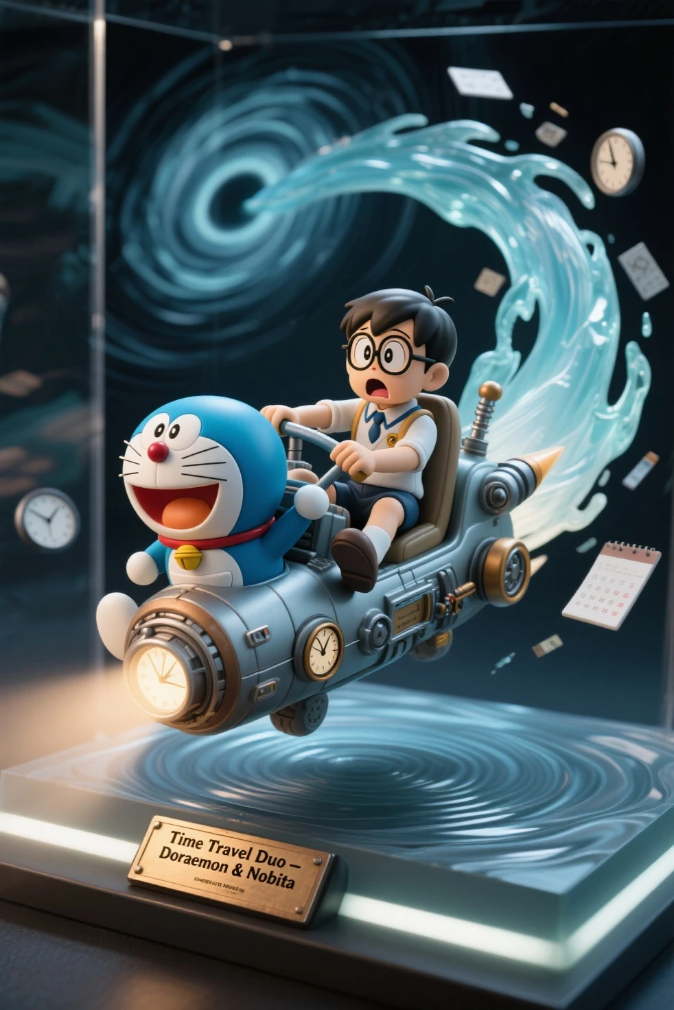 photo-realistic diorama figure of Doraemon and Nobita riding the classic time machine, fully open-air display without an acrylic case, dynamic composition showing the vehicle mid-flight through a swirling time vortex

Nobita is sculpted with round glasses, school uniform, and a panicked expression, gripping the edge of the seat as if holding on during turbulence, his legs slightly lifted for a floating effect

Doraemon sits at the front, one paw on the control lever, smiling with confident determination, his signature round form detailed with matte blue finish and glossy eyes

the time machine features mechanical details like retro dials, levers, and thrusters at the back, with semi-transparent resin used to sculpt a swirling time portal effect trailing behind, fragments of clocks and calendars floating around

base designed like a distorted ripple in time with engraved plaque: “Time Travel Duo – Doraemon & Nobita”, ambient spotlight-style lighting from below, but no enclosure or case
