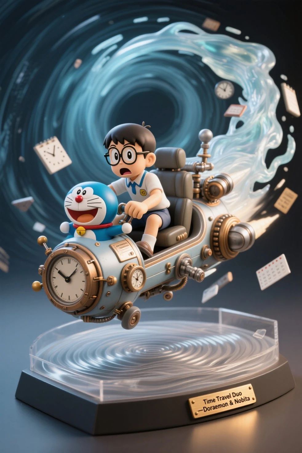 photo-realistic diorama figure of Doraemon and Nobita riding the classic time machine, fully open-air display without an acrylic case, dynamic composition showing the vehicle mid-flight through a swirling time vortex

Nobita is sculpted with round glasses, school uniform, and a panicked expression, gripping the edge of the seat as if holding on during turbulence, his legs slightly lifted for a floating effect

Doraemon sits at the front, one paw on the control lever, smiling with confident determination, his signature round form detailed with matte blue finish and glossy eyes

the time machine features mechanical details like retro dials, levers, and thrusters at the back, with semi-transparent resin used to sculpt a swirling time portal effect trailing behind, fragments of clocks and calendars floating around

base designed like a distorted ripple in time with engraved plaque: “Time Travel Duo – Doraemon & Nobita”, ambient spotlight-style lighting from below, but no enclosure or case