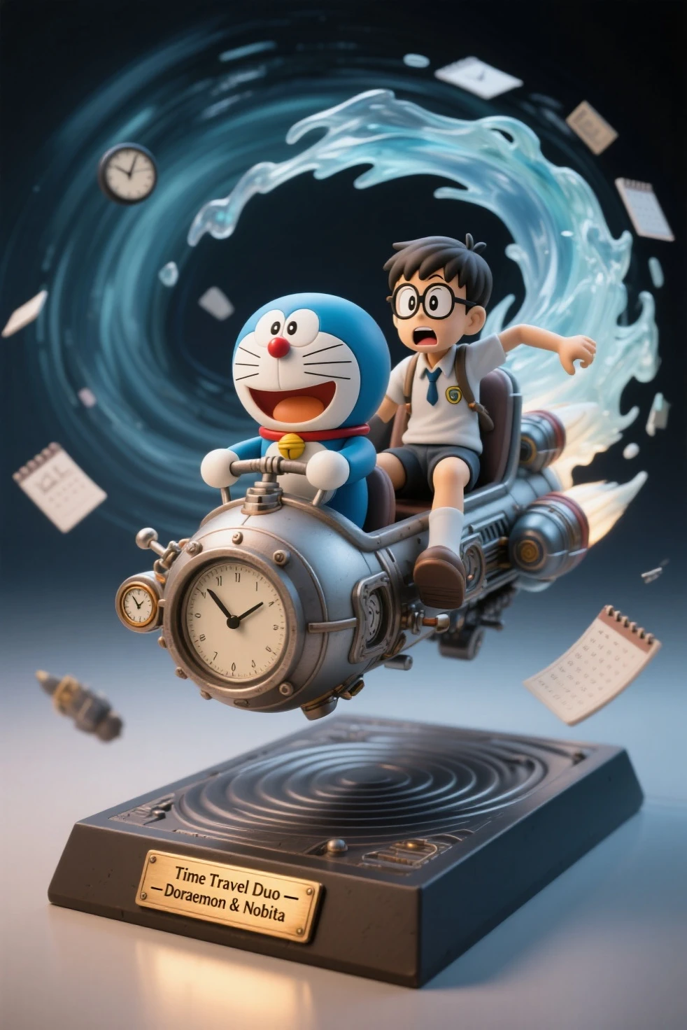 photo-realistic diorama figure of Doraemon and Nobita riding the classic time machine, fully open-air display without an acrylic case, dynamic composition showing the vehicle mid-flight through a swirling time vortex

Nobita is sculpted with round glasses, school uniform, and a panicked expression, gripping the edge of the seat as if holding on during turbulence, his legs slightly lifted for a floating effect

Doraemon sits at the front, one paw on the control lever, smiling with confident determination, his signature round form detailed with matte blue finish and glossy eyes

the time machine features mechanical details like retro dials, levers, and thrusters at the back, with semi-transparent resin used to sculpt a swirling time portal effect trailing behind, fragments of clocks and calendars floating around

base designed like a distorted ripple in time with engraved plaque: “Time Travel Duo – Doraemon & Nobita”, ambient spotlight-style lighting from below, but no enclosure or case
