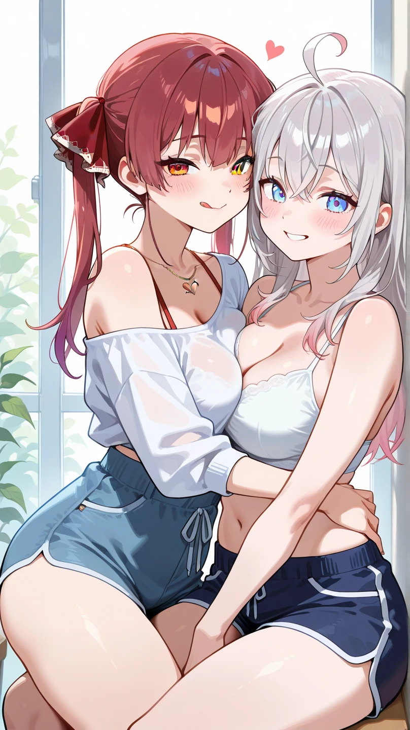 "Three 17 year old girls. The first has long yellow hair and green eyes.. The second has white Bob hair and blue eyes. The third has long red hair and red eyes.. The three are in bed, ((completamente now)) now, far view, fully body, traditional bedroom, sun reflecting on the girls, (((sweat)))."