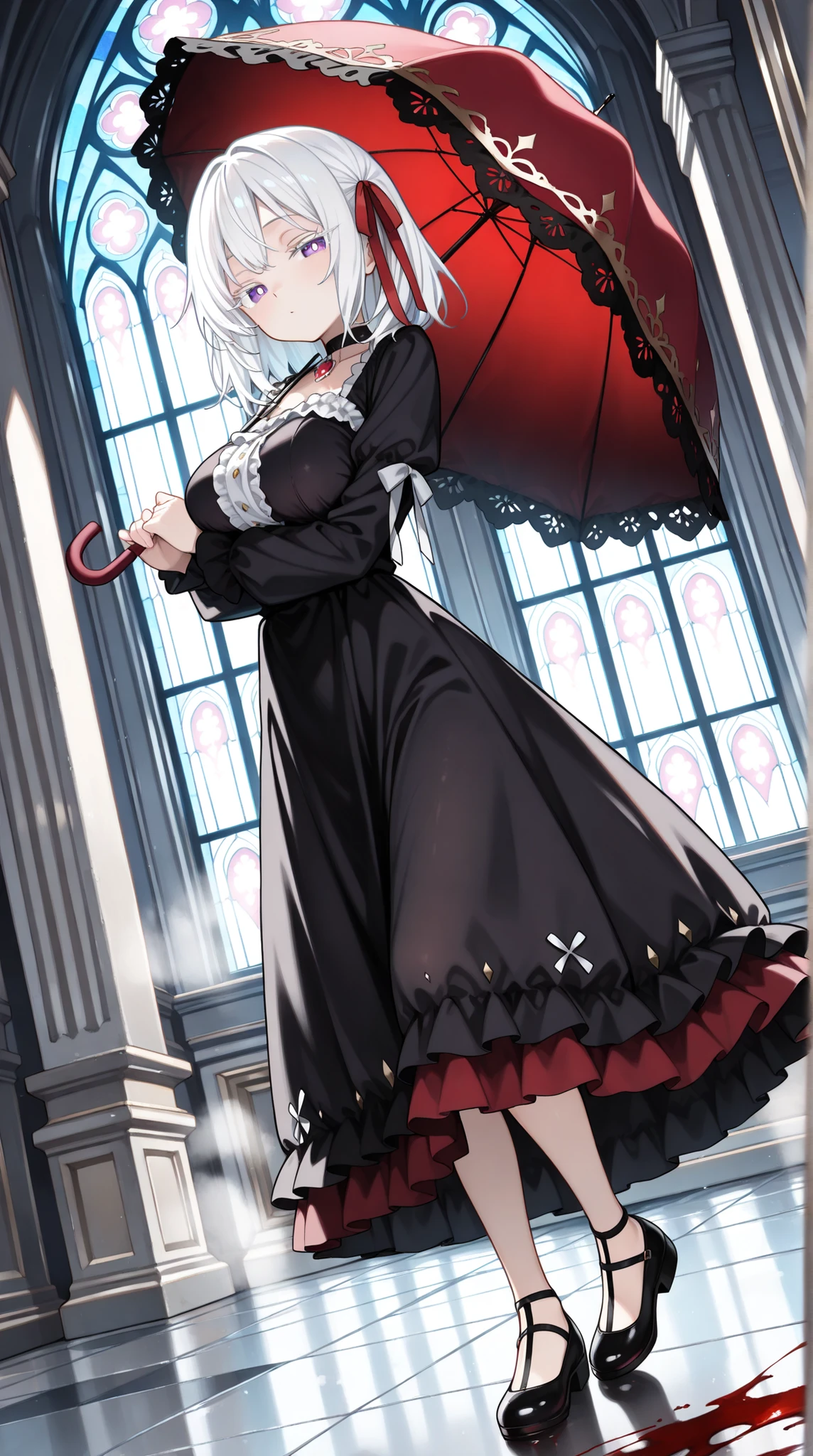 ornate gothic cathedral interior, stained glass windows, marble floor, soft ambient light, romantic yet somber mood, dutch angle, looking at viewer, (solo, 1girl, white hair, medium hair, tactile hair, left side hair ribbon, red ribbon, habitual hair, purple eyes), large breast, (asymmetrical black dress, torn lace, blood-red accents, velvet textures, choker with gem, distressed frills, torn veil), standing pose, slightly tilting head, holding a parasol, elegant posture, one foot slightly forward, steam, cute face, big eyes, half closed eyes, (((white pupils))), ((white eyelashes, lower eyelashes)), soft expression