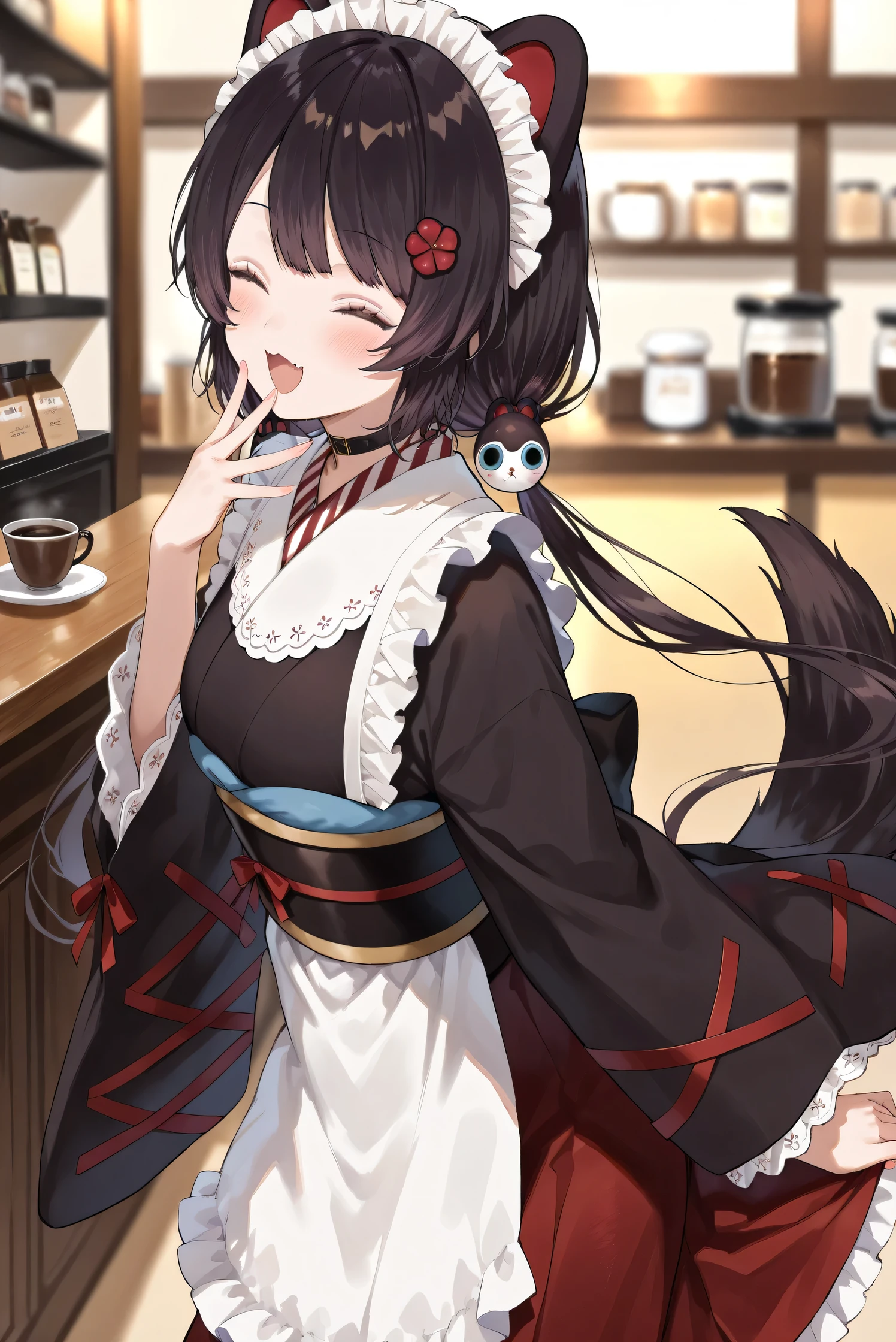 (Masterpiece), (Highest quality), (Very detailed),
(The best shape), (Best Shadow), (Absurd),
(Detailed background), (So beautiful), (Shiny),
(Extraordinary), (Countershading), (8k), (32K),
(High resolution), (Very Detailed CG), (UHD),
(Score_9), (Score_8_up), (Score_7_up),
(Source_anime), (Pastel painting:1.2),
(Watercolor painting:1.2),(Masterpiece, Detailed:1.2), (Foreshortening:1.2),
(Cinematic), (Dramatic), (Depth of field:1.4),
(Blurry background:1.4), (Realistic background:1.4),
(Dynamic angle), (1 girl), (Dynamic pose),
(From side),
(Coffee shop), (Antique Cafe), (Indoor),
(Inui Toko), (Nijisanji), (Virtual youtuber),
nijitoko, medium breasts,
black hair, dog girl, dog ears,
dog tail, long hair, low twintails, hair ornament,
nijitokocos, black kimono, black obi, sash,
waist apron, white apron, frilled apron, long apron,
long sleeves, wide sleeves, frilled sleeves,
hakama skirt, long skirt, red skirt, frilled skirt, choker, maid headdress,
(Blush:1.2),
(smile), (happy),
(Portrait), (Focus on face:1.2), (close up shot:1.2),
(Looking at viewer), (her eyes closed),
(Talking to viewer), (Open mouth),
(Cover her mouth with her hand),
(Realistic skin), (Shiny skin),